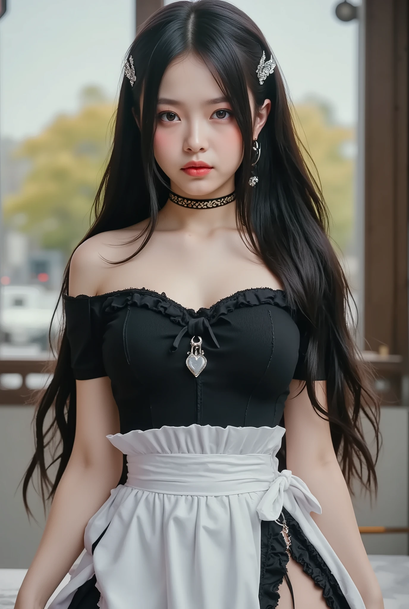 masterpiece, 最 high quality ,16k,8k, beautiful, high quality , ultra high resolution, 超 high quality , beautiful face, Japanese , nsfw,Woman in the center of the image, photorealistic , hyperrealism , Young Beauty ,( black and white gothic maid outfit, long skirt, Corsets , black tights, black boots),( Silver Hair, Shoulder-length hair in images , purple eyes, half-open{{x}}Eyes , unusual suspicious feelings:1.3,Black Lips:1.5, BIG BREAST, Shiny Skin, Perfect Female Proportions , ideal body proportions, attractive proportions , Tight Woman , Curved Beauty, HD Skin , A Girl with a Very Beautiful Detailed Face ), Full body portrait ,background:city, bright, holding the hem of the skirt with both hands ,Polite Pose , Dramatic Lighting,( Masterpiece, top quality, very detailed depiction of 1 animal , unbelievably ridiculous high res ), Off Shoulder, big boobs