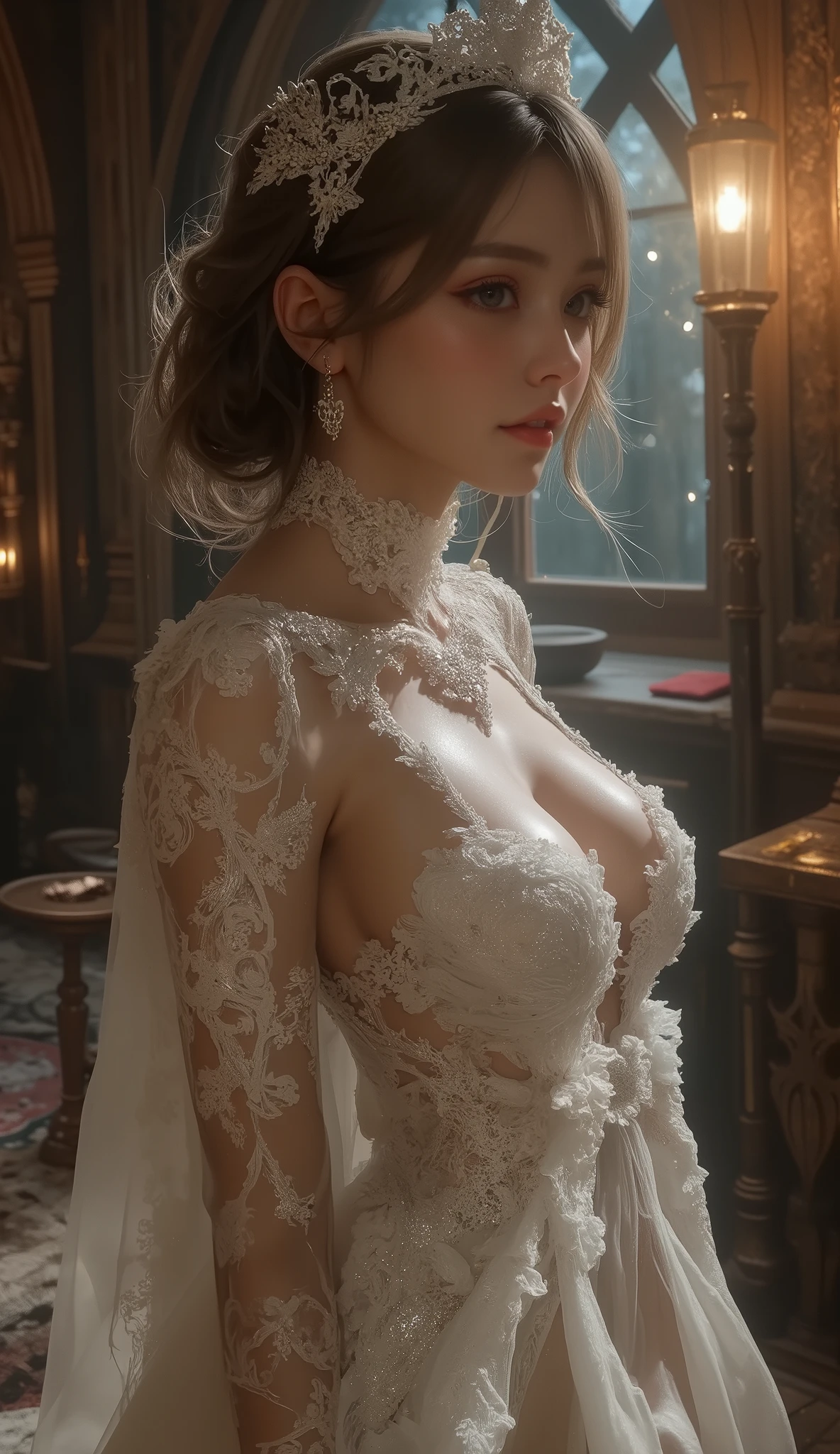 a beautiful attractive young topless in clear one-piece tulle cloth, micro sling lace monokini with low waist and high cut legs ,perfect face and body ,fairy tales forest dim light background, intricate chain jewelry suspenders, beautiful saggy breast, large hanging breasts ,medium long shot ,elegance pose