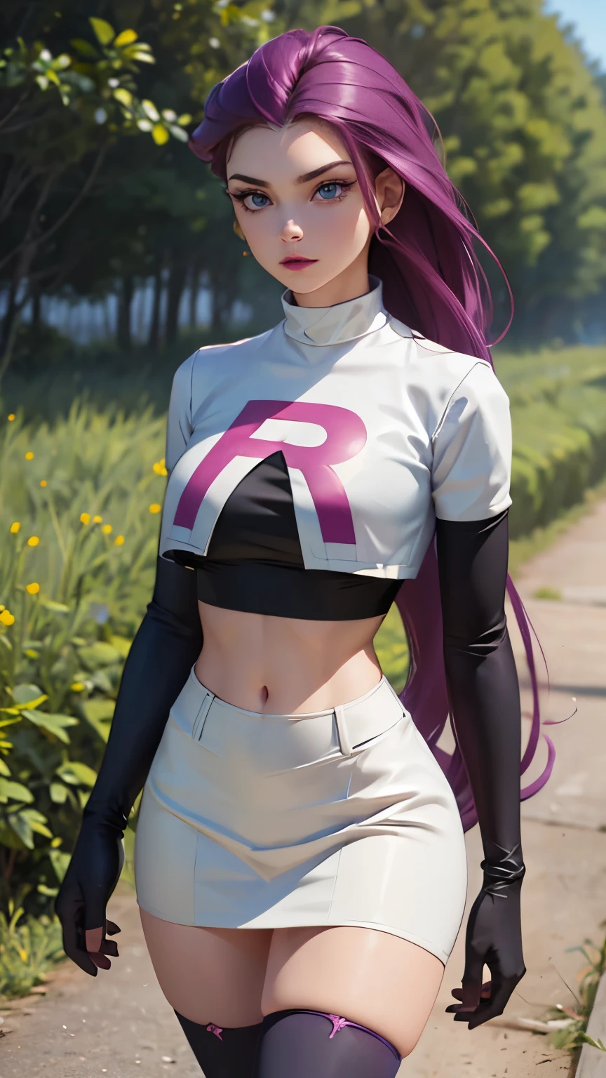 (obra maestra), 1 girl, Alone , absurdities, highres, of foot, cowboy shot,jessie pokemon, hair combed back , long hair, purple hair,blue eyes, team rocket ,team rocket uniform , white skirt , crop top, high stockings , elbow gloves, outdoor, forest, normal breasts, Under the chest,