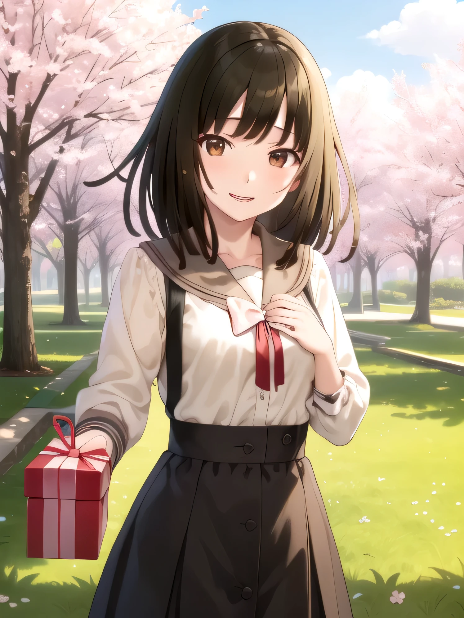 A stunningly beautiful 20-year-old woman stands in a lush green park full of cherry blossoms in full bloom under a clear blue sky. She is wearing a classic sailor uniform and holds a neatly wrapped gift box with a red ribbon in both hands in front of her chest. The box is small, wrapped in decorative paper, and tied with a bow. She looks very happy, with a radiant and joyful expression.A stunningly beautiful 20-year-old woman stands in a lush green park full of cherry blossoms in full bloom under a clear blue sky. She is wearing a classic sailor uniform and holds a neatly wrapped gift box with a red ribbon in both hands in front of her chest. The box is small, wrapped in decorative paper, and tied with a bow. She looks very happy, with a radiant and joyful expression. medium hair , brown hair, brown eyes, bangs, blunt bangs。