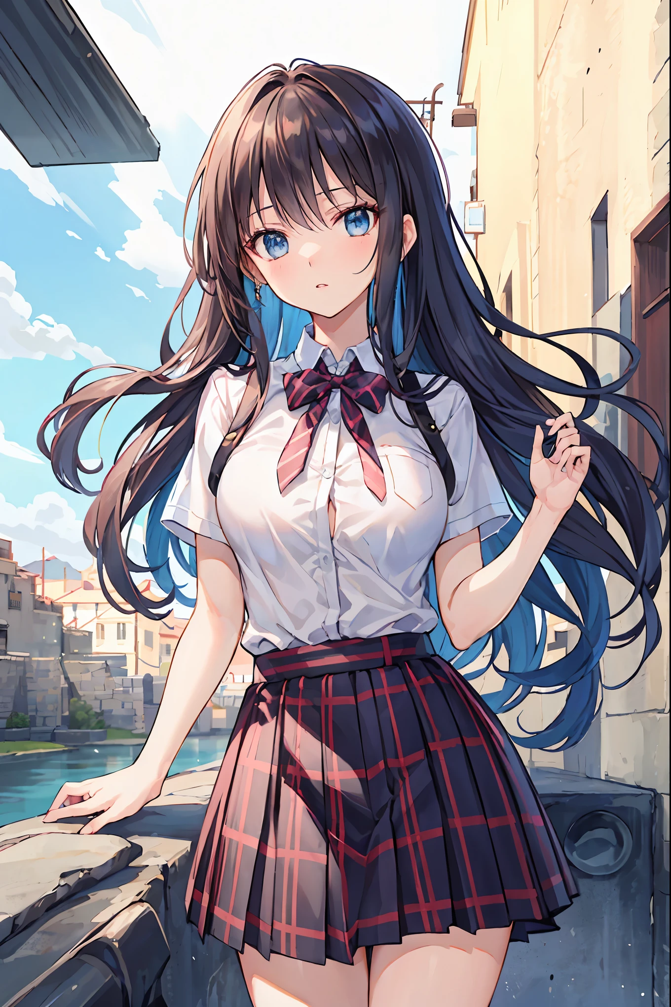 top quality, Masterpiece,Ultimate resolution,Fluffy,Extremely colorful, Machu Pretty Woman ,(JK Uniform), tie, plaid skirt,(Beautiful Woman's Head),Normal posture,Red Lip,( kneeling pose),bondage, decapitating , color,handcuffs, anklet,( white stockings), Mary Jane shoes ,Normal posture