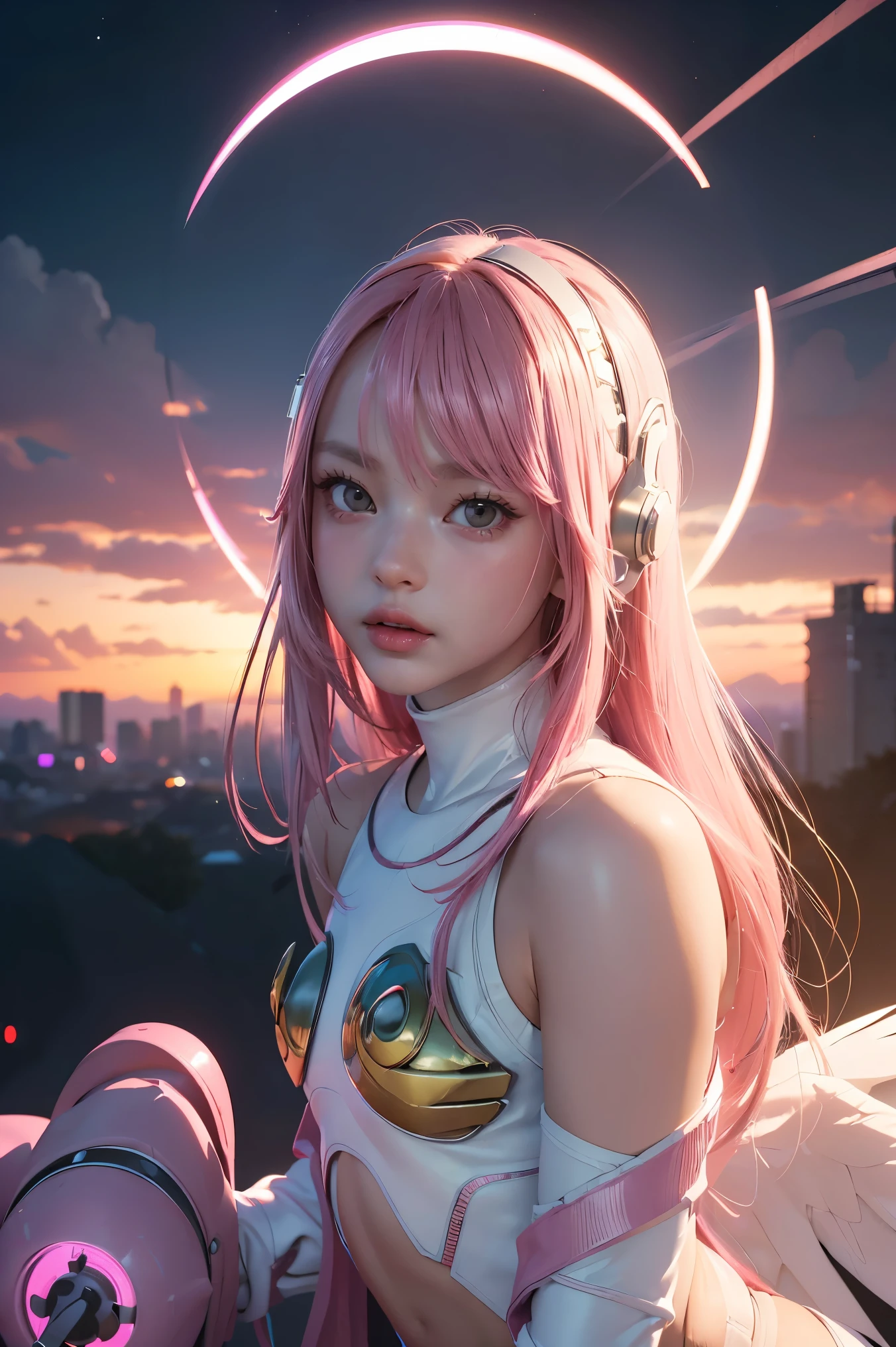 ((masterpiece, best quality, extremely detailed), volumetric lighting, ambient occlusion, colorful, glowing),
1girl, solo, young girl, (pink hair), long hair, halo, aura, sacred, godness, cyber suit, (white outfit:1.3), android, bot, angel wings,
outdoors, sunset, sky, clouds, space, (cyberpunk theme:1.2),