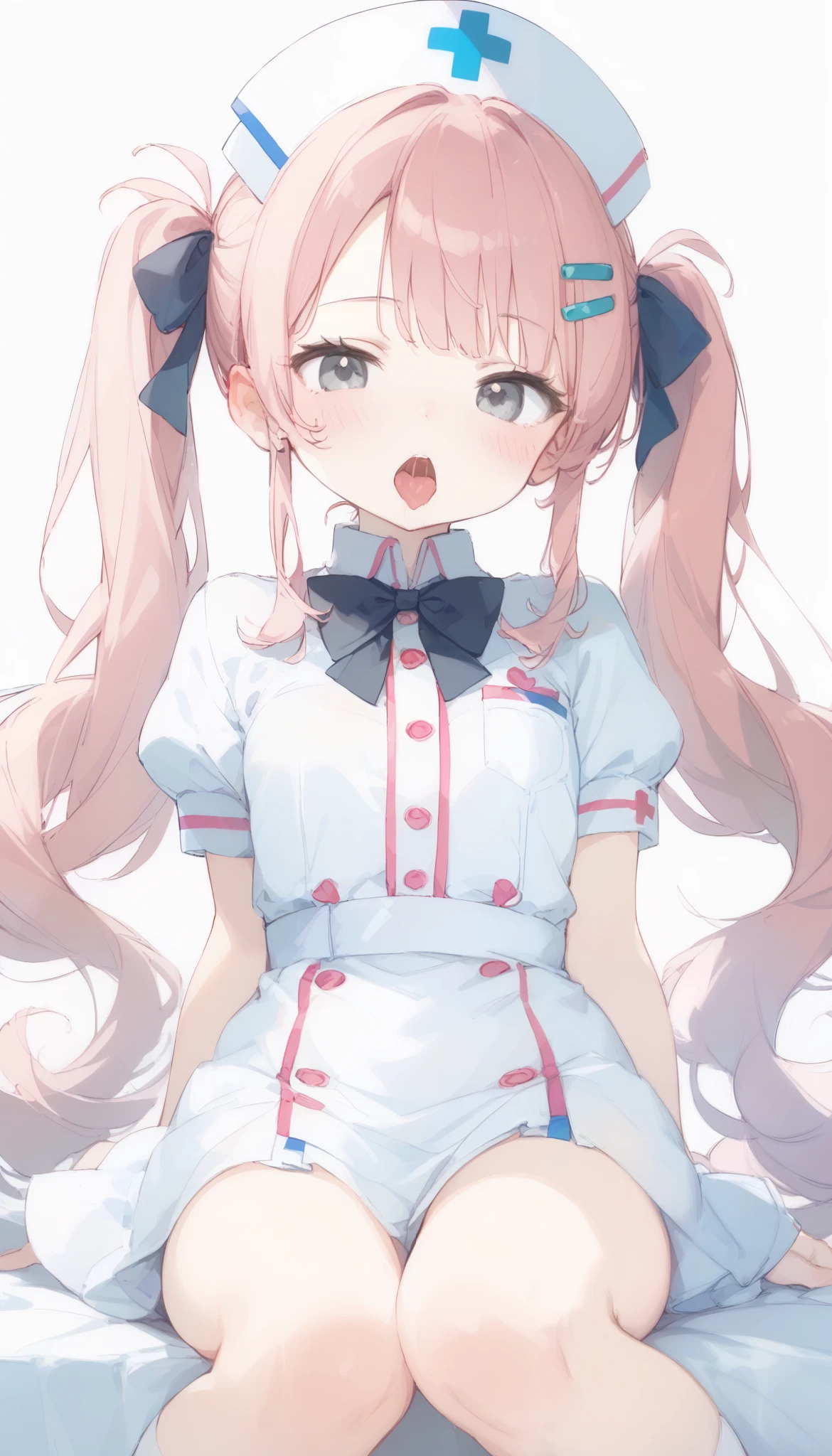 beautician 、 nurse uniform、 tall combat pose 、 Masterpiece、 one girl、2、 white skin、 Expressionless 、 Raise the corners of your mouth 、 pink hair 。 twin tails on legs、 hair clip、大きな hair clip、Cute hair clips、 gray eyes、 Small red cheeks and nose、Good bust size 、 Tiny Breasts 、 Gao Pose 、