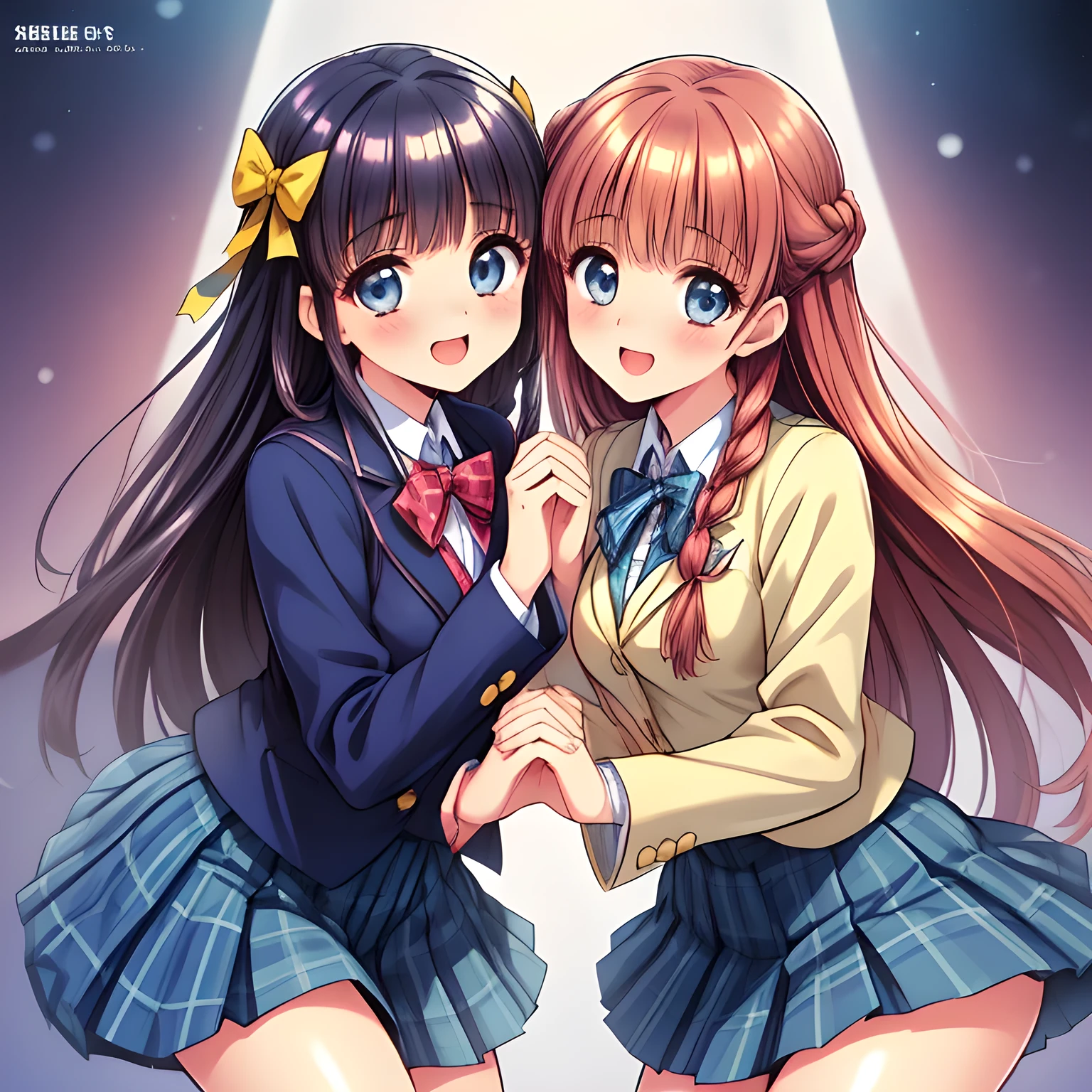 (highest quality, masterpiece:1.2), highest quality, High resolution, 1080p, 8K, Height: 158cm, (Zinomy 20yo Twins, lovely high-quality colorful cover of girl's comic by most popular manga artist, amazingly neat & clean, in peace and neat lovely strong charm: 1.8), (Too cute girl twins like a royal game heroine), in bliss, (Whispering the viewer's subliminal desire secretly to hypnotize the viewer), A very lovely, very noble, pretty and pure beautiful girls. ((Bursting out Laughing very elegantly)), Using expensive whitening cosmetics by cosmetics artist: 1.2), A face that everyone loves, Glossy lips, Even bangs, (Too beautiful blue fascinating shiny eyes with love to the viewer, with detailed clearly (like girlish comics beautiful lovely heroine): 1.5), ((Black Hair)), ((long twin braids: 1.5)), (Neat uniform, (((Dark blue winter long sleeve blazer with noble emblem)) over neat expensive (white silk blouse), (A long, neat, dark (navy blue) (tartan-checkered pleated skirt)), (too girly shiny yellow school ribbon): 1.5), (Extremely lustrous, shiny game heroine lips, laughing open mouth: 0.8), (Ribbon in hair, The ribbon is big and very pretty, Beautiful hair like a hair model), (Tight waist, slender like a fashion model), (The background is a pink & orange colored space to emphasize girl's cuteness: 1.2), (The twins are talking about the viewer's super fetishism for school uniforms, and satisfies it completely with her hands and skirts and (laughter giving extreme pleasure like beautiful angel) deeply (in the viewer's clear lewd dream): 1.6), (beautiful neat pretty clear atmosphere which every girls admire and everyone can't stop being lustful: 1.5), (Take a shot from the side of them: 1.5)