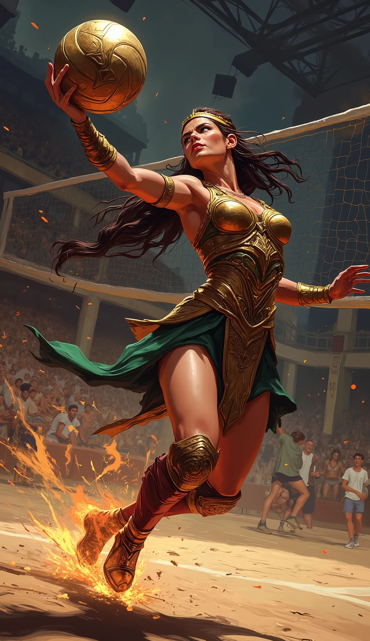 greek goddess athena, (warrior), playing volleyball, volleyball ball, ((volleyball court)), 4K, high details, (digital painting), ((oil painting:2.2)), energy sparks, energetic, dynamic pose, masterpiece, particles, (she is wearing warrior outfit covered with golden ornaments), she is wearing gold helmet, high quality , high contrast, strong light, volleyball net, bump the ball, takes place in sport hall