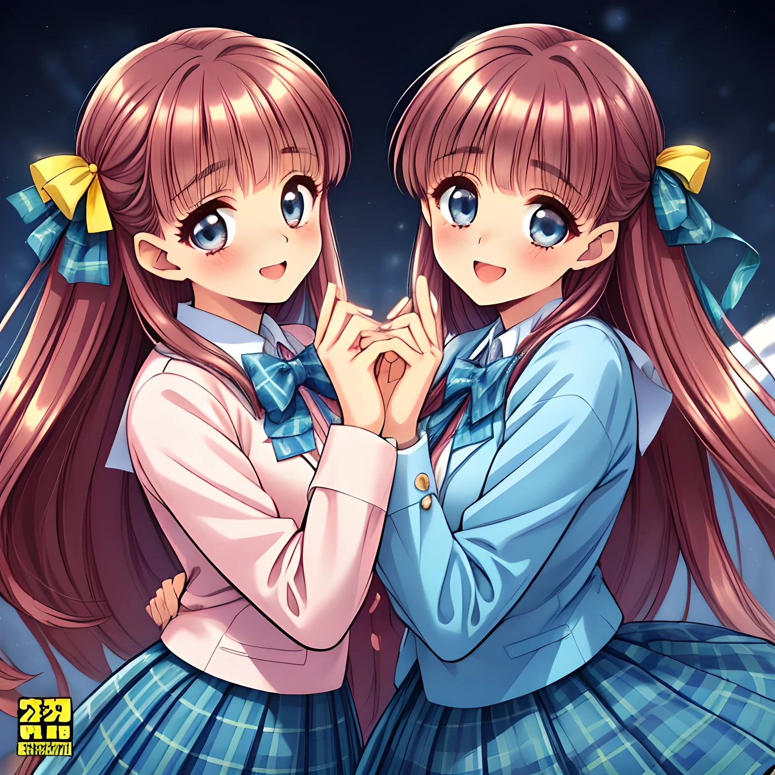 (highest quality, masterpiece:1.2), highest quality, High resolution, 1080p, 8K, Height: 158cm, (Zinomy 20yo Twins, lovely high-quality colorful cover of girl's comic by most popular manga artist, amazingly neat & clean, in peace and neat lovely strong charm: 1.8), (Too cute girl twins like a royal game heroine), in bliss, (Whispering the viewer's subliminal desire secretly to hypnotize the viewer), A very lovely, very noble, pretty and pure beautiful girls. ((Bursting out Laughing very elegantly)), Using expensive whitening cosmetics by cosmetics artist: 1.2), A face that everyone loves, Glossy lips, Even bangs, (Too beautiful blue fascinating shiny eyes with love to the viewer, with detailed clearly (like girlish comics beautiful lovely heroine): 1.5), ((Black Hair)), ((long twin braids: 1.5)), (Neat uniform, (((Dark blue winter long sleeve blazer with noble emblem)) over neat expensive (white silk blouse), (A long, neat, dark (navy blue) (tartan-checkered pleated skirt)), (too girly shiny yellow school ribbon): 1.5), (Extremely lustrous, shiny game heroine lips, laughing open mouth: 0.8), (Ribbon in hair, The ribbon is big and very pretty, Beautiful hair like a hair model), (Tight waist, slender like a fashion model), (The background is a pink & orange colored space to emphasize girl's cuteness: 1.2), (The twins are talking about the viewer's super fetishism for school uniforms, and satisfies it completely with her hands and skirts and (laughter giving extreme pleasure like beautiful angel) deeply (in the viewer's clear lewd dream): 1.6), (beautiful neat pretty clear atmosphere which every girls admire and everyone can't stop being lustful: 1.5), (Take a shot from the side of them: 1.5)