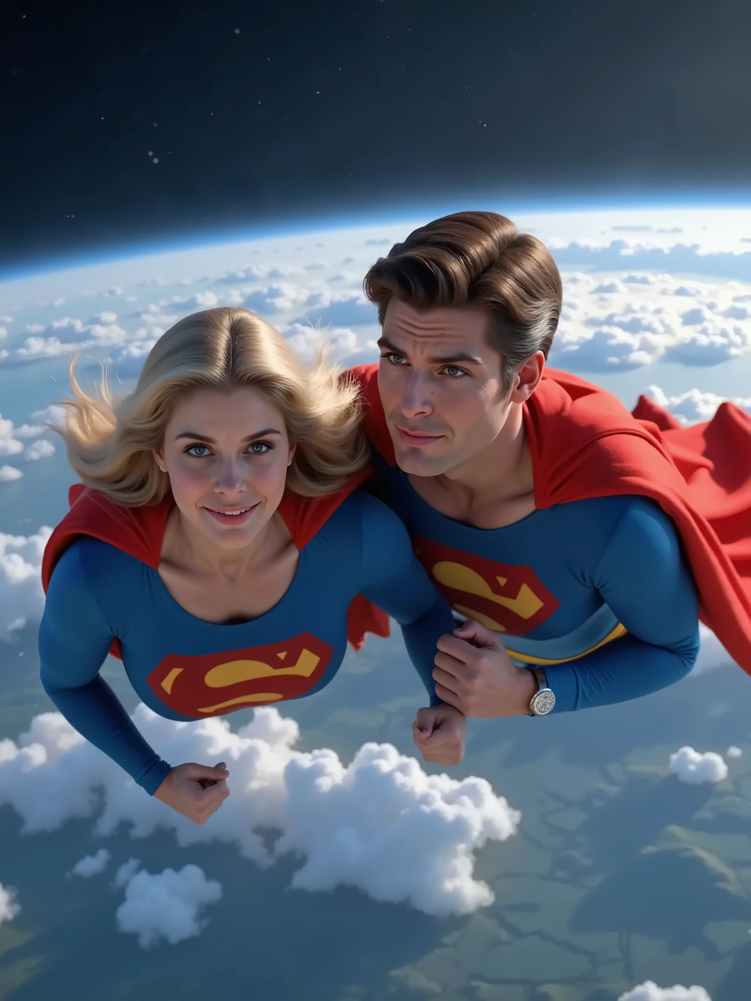 2 PEOPLE. 1 HELEN SLATER AS SUPERGIRL ON THE LEFT, 1 CHRISTOPHER REEVE AS SUPERMAN WEARING HIS ICONIC SUPERMAN SUIT AND CAPE ON THE RIGHT AS THEY HOVER ABOVE EARTH IN SPACE HOLDING HANDS. Smile, High Resolution, Detail, High Details, Super Detailed, Textured Skin, Retina, 8K High Quality