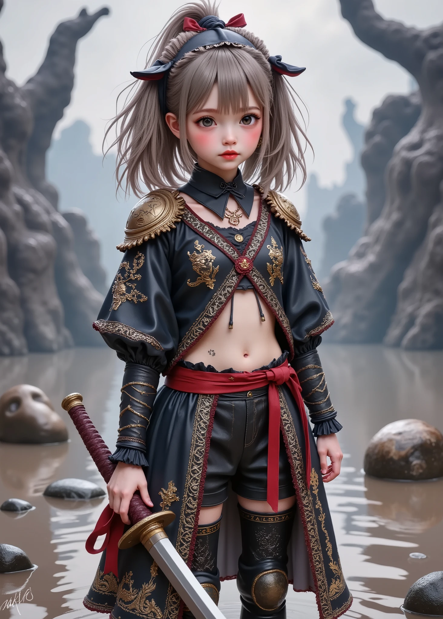 (Super real full body photo :1.5) , young girl , wearing a punk style hooded Templar uniform, Hold a Japanese sword ,(I can see my beautiful belly :1.5)、The head is not covered by anything, gray clouds swirling against the background
