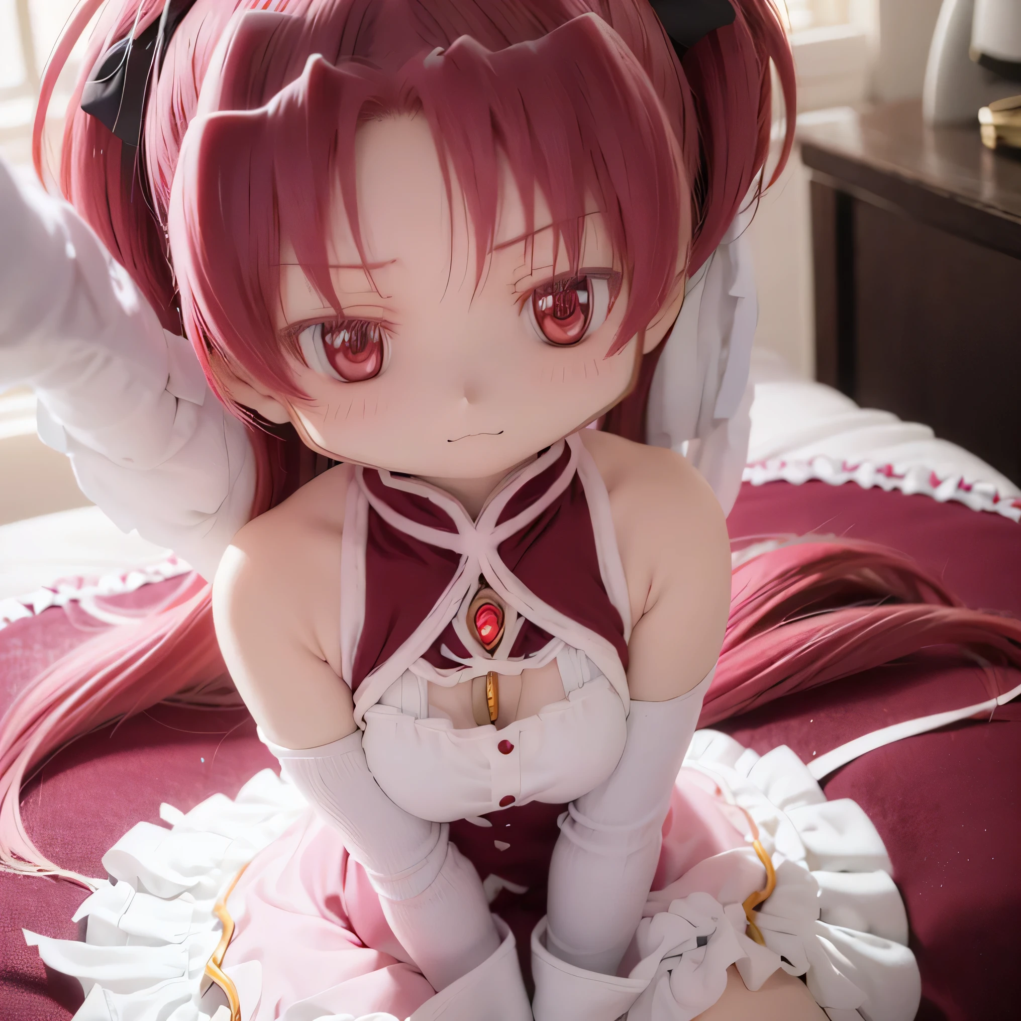 Details, Beautiful Woman with Impressive Eyes , perfect face , , Attention to Details , anime style , bright color, cute, 'n'n' , curvy and plump body , , Rye and bed. It's poor when worn 、 To hide it there ,Sakura Kyoko's hairstyle 、 cute