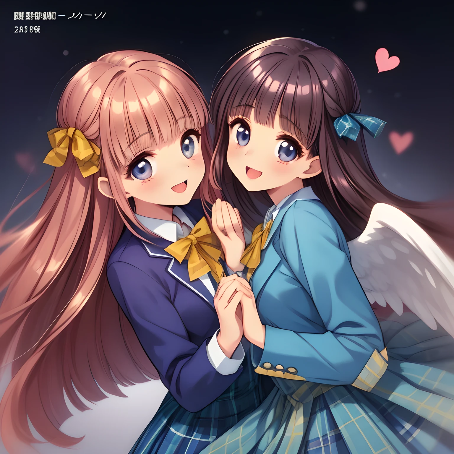 (highest quality, masterpiece:1.2), highest quality, High resolution, 1080p, 8K, Height: 158cm, (Zinomy 20yo Twins, lovely high-quality colorful cover of girl's comic by most popular manga artist, amazingly neat & clean, in peace and neat lovely strong charm: 1.8), (Too cute girl twins like a royal game heroine), in bliss, (Whispering the viewer's subliminal desire secretly to hypnotize the viewer), A very lovely, very noble, pretty and pure beautiful girls. ((Bursting out Laughing very elegantly)), Using expensive whitening cosmetics by cosmetics artist: 1.2), A face that everyone loves, Glossy lips, Even bangs, (Too beautiful blue fascinating shiny eyes with love to the viewer, with detailed clearly (like girlish comics beautiful lovely heroine): 1.5), ((Black Hair)), ((long twin braids: 1.5)), (Neat uniform, (((Dark blue winter long sleeve blazer with noble emblem)) over neat expensive (white silk blouse), (A long, neat, dark (navy blue) (tartan-checkered pleated skirt)), (too girly shiny yellow school ribbon): 1.5), (Extremely lustrous, shiny game heroine lips, laughing open mouth: 0.8), (Ribbon in hair, The ribbon is big and very pretty, Beautiful hair like a hair model), (Tight waist, slender like a beautiful fashion model: 1.5), (The background is a pink & orange colored space to emphasize girl's cuteness: 1.2), (The twins are talking about the viewer's super fetishism for school uniforms, and satisfies it completely with her hands and skirts and (laughter giving extreme pleasure like beautiful angel) deeply (in the viewer's clear lewd dream): 1.6), (beautiful neat pretty clear atmosphere which every girls admire and everyone can't stop being lustful: 1.5), (Take a shot from the side of them: 1.5)