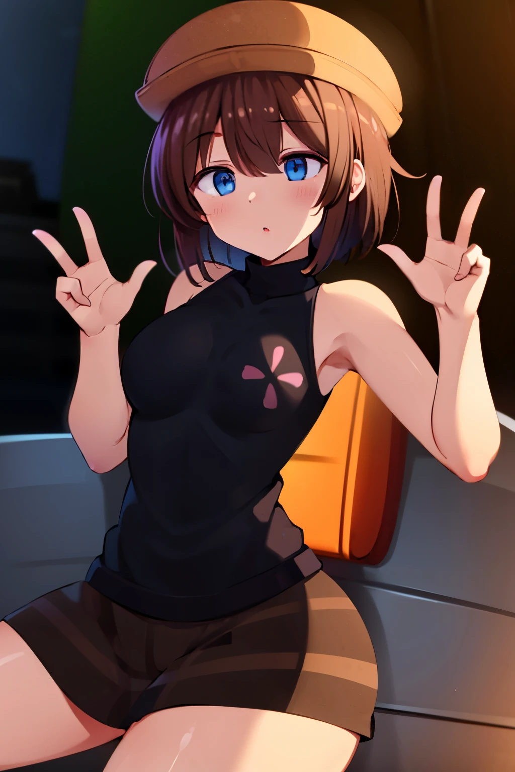   Masterpiece ,    Top Quality,    absurd,   ( in the seat , Helga Haruka   ,    blue eyes,    brown hair at the gym,    short hair ,  Brown hat,   black sweater that has been hit ,  sleeveless turtleneck,  plaid skirt ， ahe face,v sign)  ,   fertilization for Inpainting, love hotel 