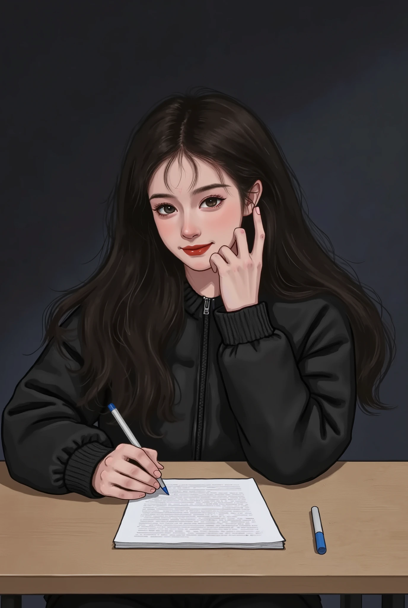 Girl writing a letter, front view, looking down on paper, dim room, not smiling,