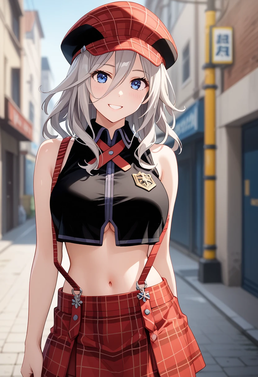 (((pixel perfect, detail perfect))), alone, 1 girl, Chisato Nishikigi,red eyes, looking at the viewer, smile, Upper body、 Police, cleavage,white belt, Midriffs, white shirt BREAK front-red tie top,High-waist red shorts BREAK black fingerless gloves, black boots,black police peaked cap,