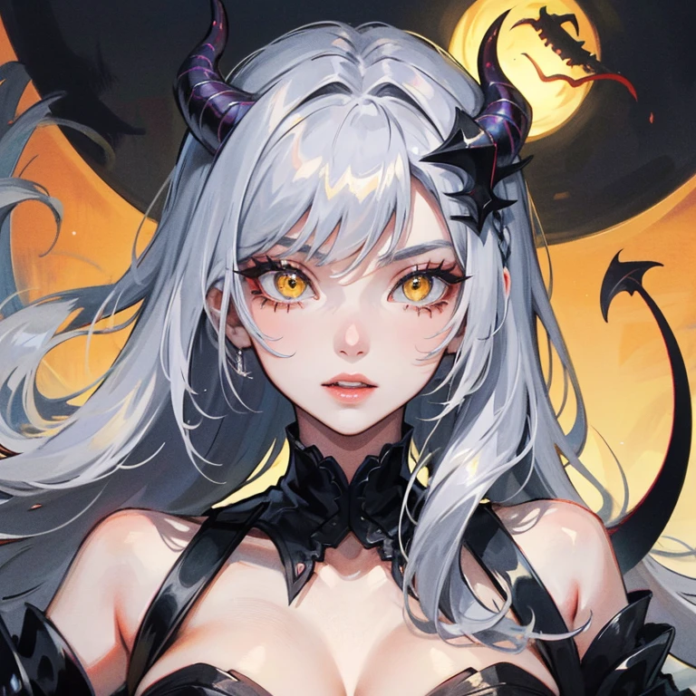((Highest quality)),(Ultra-high resolution),(Super detailed),(Detailed Description),((The best CG)),(masterpiece),Highly detailed art,(Art with precise detail:1.5), (Female Devil:1.5),(Great Horn:1.4),(Skull Necklace:1.4),(Cleavage:1.7),discharge:1.3,(Dark Flame:1.6), (Sunshine piercing the dark clouds:1.6), rainbow, Prism phenomenon:1.5