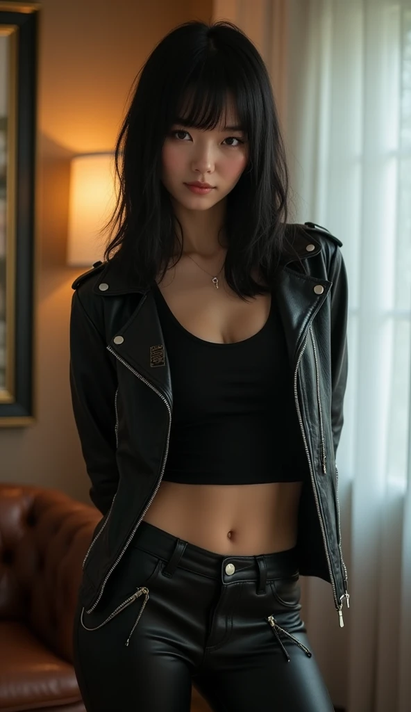 Kim Jennie, wearing a tight black croptop, wearing an open denim jacket, short black hot pants with black stocking, sexy pose, showing off the beauty of her body, big breasts