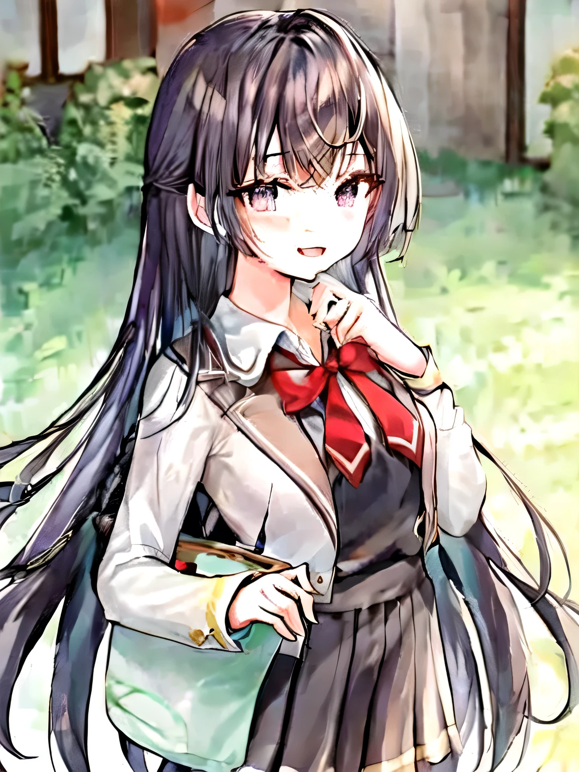 A stunningly beautiful 20-year-old woman stands in a lush green park full of cherry blossoms in full bloom under a clear blue sky. She is wearing a classic sailor uniform and holds a neatly wrapped gift box with a red ribbon in both hands in front of her chest. The box is small, wrapped in decorative paper, and tied with a bow. She looks very happy, with a radiant and joyful expression.A stunningly beautiful 20-year-old woman stands in a lush green park full of cherry blossoms in full bloom under a clear blue sky. She is wearing a classic sailor uniform and holds a neatly wrapped gift box with a red ribbon in both hands in front of her chest. The box is small, wrapped in decorative paper, and tied with a bow. She looks very happy, with a radiant and joyful expression.  long hair, bangs,  black hair,  purple eyes。