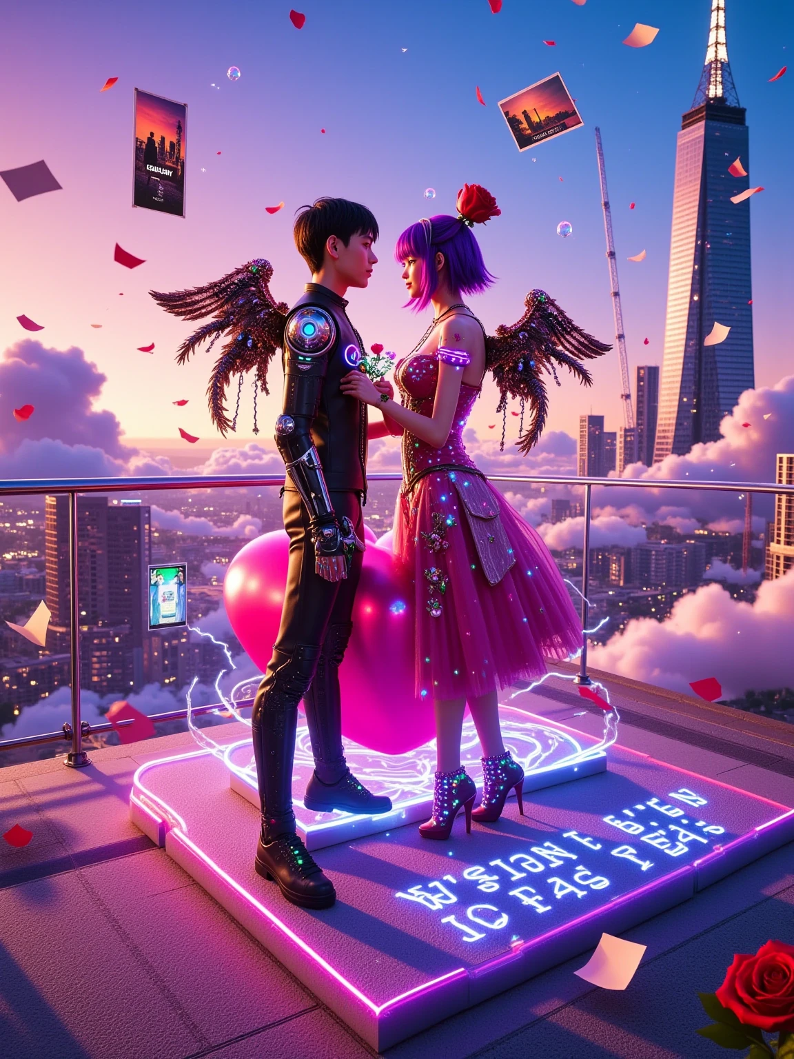 In a cyberpunk style, with high - contrast colors and strong light and shadow. The interweaving of metallic textures and neon lights. On the rooftop helipad of a future city, a couple is wearing high - tech couple outfits decorated with fluorescent lines. The boy's robotic prosthetic arm on his arm is flickering with blue light patterns, and he is holding a floating, pink - glowing heart - shaped energy box in his hand; the girl has short hair with bright purple highlights, and a pair of mechanical wings unfold behind her, inlaid with colorful gemstones. She is holding a rose made of electronic petals in her hand. All around are towering skyscrapers, and the giant electronic screens on the building surfaces are flashing various advertisements and dynamic patterns. The guardrails on the edge of the helipad are twined with glowing light - strips, and on the ground, "VALENTINE'S DAY" is composed of binary codes, creating a Valentine's Day picture full of a sense of