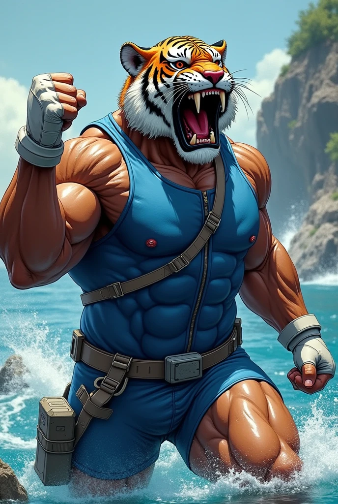 masterpiece, best quality, 8k resolution, Very detailed, hairy,tiger,((red hair)),muscle,Strong,超大muscle,((Sweating)),(((Purple Eyes))),For the audience,(((Lifeguard))),portrait,(((Shirtless))),(Highest quality scene),(((thong))),(((Nautical Mile))),(((smiling))),(((Hip bulge))),(((Ultra clear eyes)),(((Blushing))),((Solitary)),((whole body)),(((Sunlight))),(((Swimming style))),(((golden fur)))