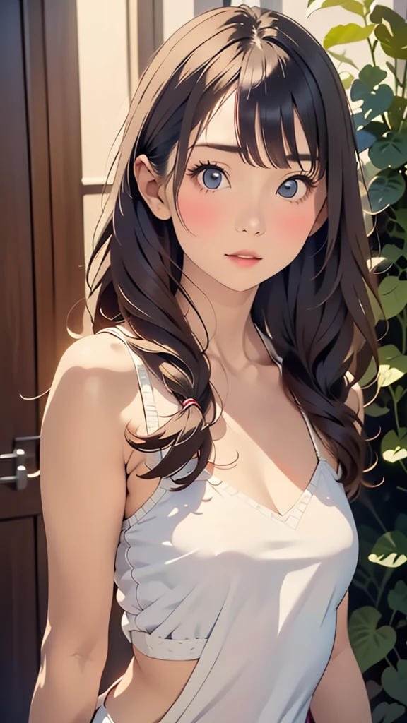 ((Masterpiece, Best Quality, High resolution, NSFW, Perfect Pixel, 4K, NSFW, NSFW))), A young girl in solo, Beauty personified,
((Middle Wave Hair, Bangs, Brown hair, Shiny and bouncy)), ((Brown-eyed, Beautiful eyelashes, Realistic eyes, Expressive and full of life)),
((Detailed face, Blushing:1.2, Rosy cheeks and flushed complexion))),
((Smooth texture:0.75, Realistic texture:0.65, Photorealistic:1.1, Anime CG style:0.9, Natural and lifel