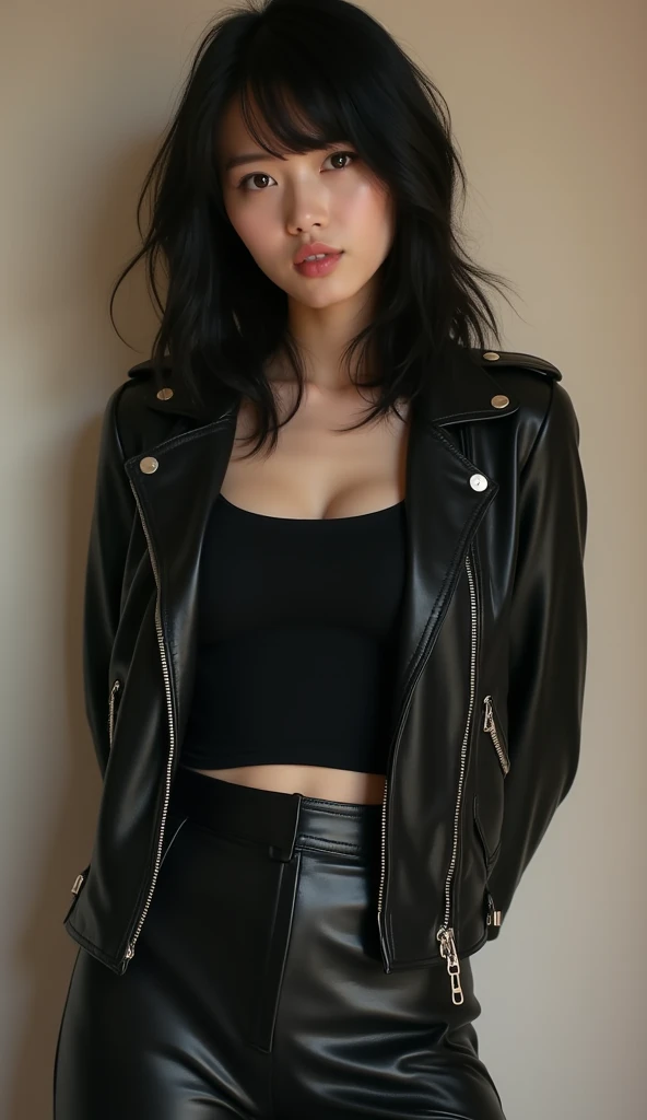 solo , 1girl , leather dress , big , American girl Sitting , jacket , Sit