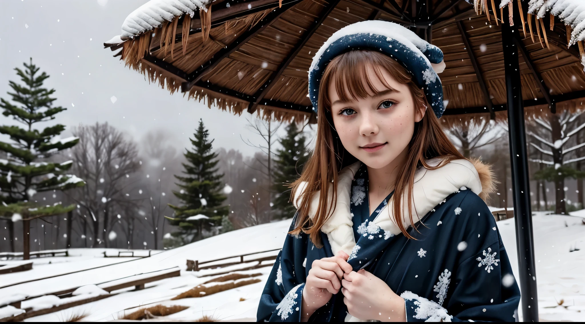 (best_quality, masterpiece:1.2), (highly detailed), (uhd, high_resolution, highres), girl, (cute:1.4), blue haori over black kimono, fur shawl, long hair, covered in snow, looking at viewer, flower-patterned obi, (snowing:1.2), outdoors, dried trees, dried bushes, shelter, foggy,