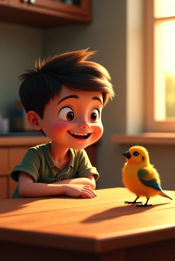 smiling 5-year-old human boy, com seu fiel amigo, parafuso, o gato malhado. Lying in the garden and a bird around