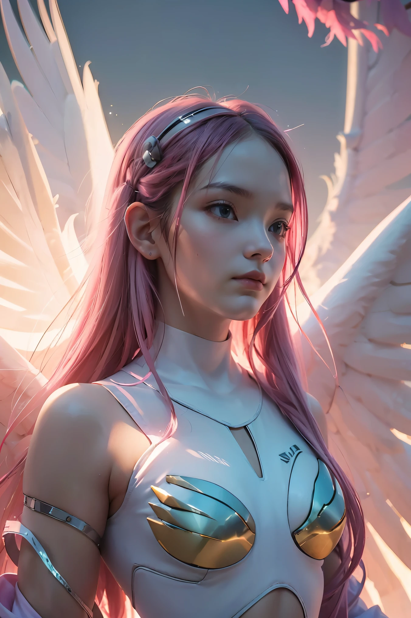 ((masterpiece, best quality, extremely detailed), volumetric lighting, ambient occlusion, colorful, glowing),
1girl, solo, young girl, (pink hair), long hair, halo, aura, sacred, godness, cyber suit, (white outfit:1.3), android, bot, angel wings,
outdoors, sunset, sky, clouds, space, (cyberpunk theme:1.2),