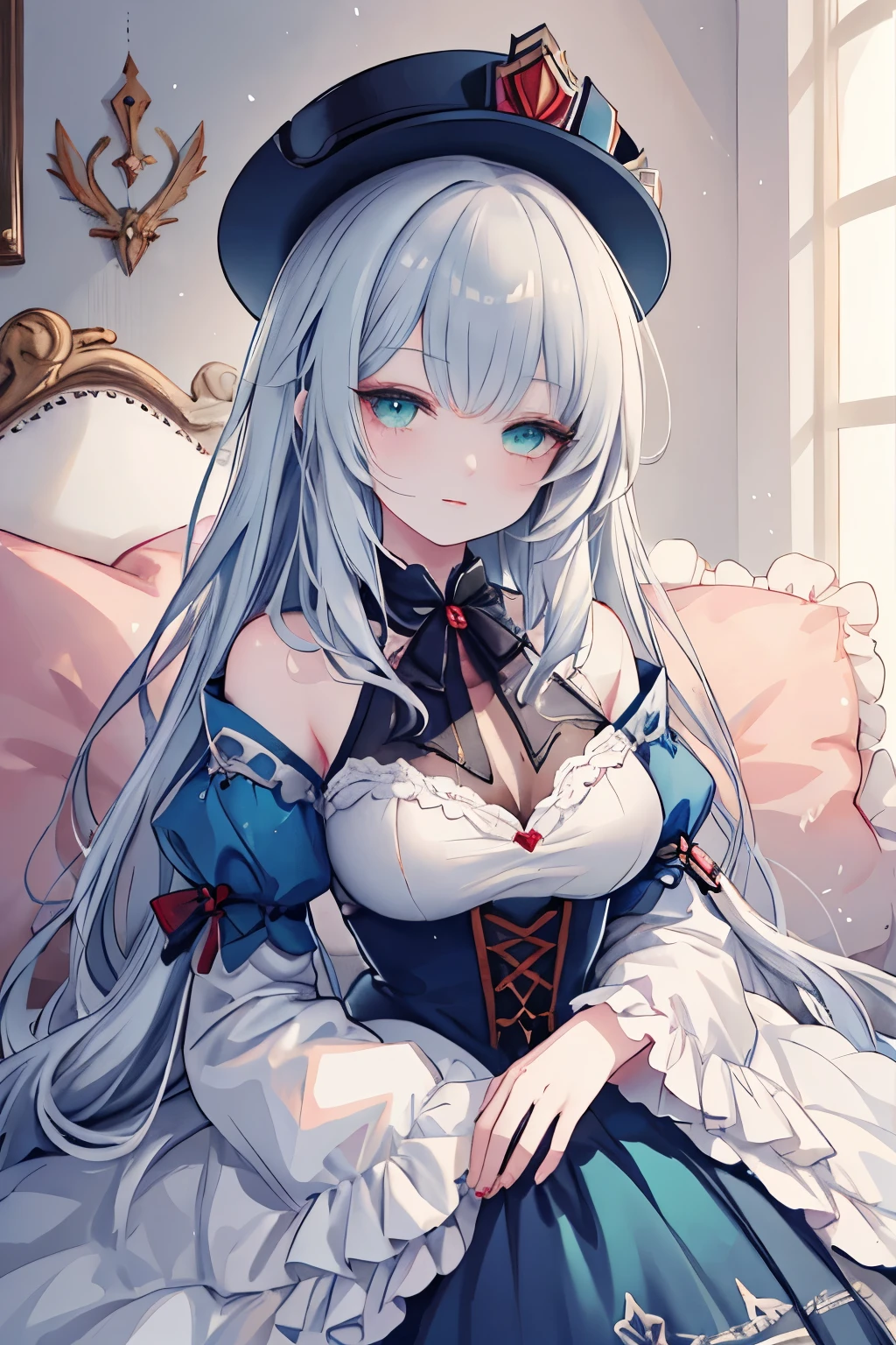 ( high quality, 8k), ( watercolor, Soft light),Transparent green eyes, detailed face, fine eyes , soft animated illustration with your mouth on a pillow , celestial beauty, beautiful anime style portrait, portrait of a beautiful anime face , A woman in a blue dress and hat standing in front of a house, Art work in the style of guweiz , Bower-style art , Beautiful Portraits, beautiful illustrations, Romanticism artistic style, dreamy details, Beautiful depiction style , beautiful artwork illustration , Dressed in Victorian costume, beautiful anime art style ,