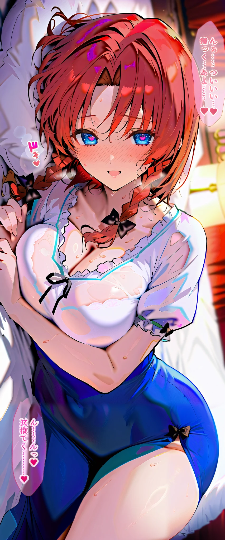 masterpiece, ultra detail, a girl, lover, cute, adult female,hong_meiling,twin_braids, score_9, score_8_up , score_7_up , , rating_ general , 1girl , fluttering hair, (white_shirt,hair_bow,puffy_short_sleeves), NSFW, sexy, cleavage, sweat,dynamic angle , source_anime, cowboy shot, full portrait, on the bed, (slim, slender body, tight waist, toned body, (slim, slender body, tight waist, toned body), (reaching hands), (westernstyle room, bed, lamp, ceiling), full-face blush, speech bubble, (lovely face, embarrassed, A sad expression, full face blush, hearts eyes:1.2, loving you, LOVE CONFESSION :1.2, confess, open mouth), lovely hearts:1.4, Sound effects, front view, (throw, lying on bed, under girl, angle from below:1.2), smile:0.5