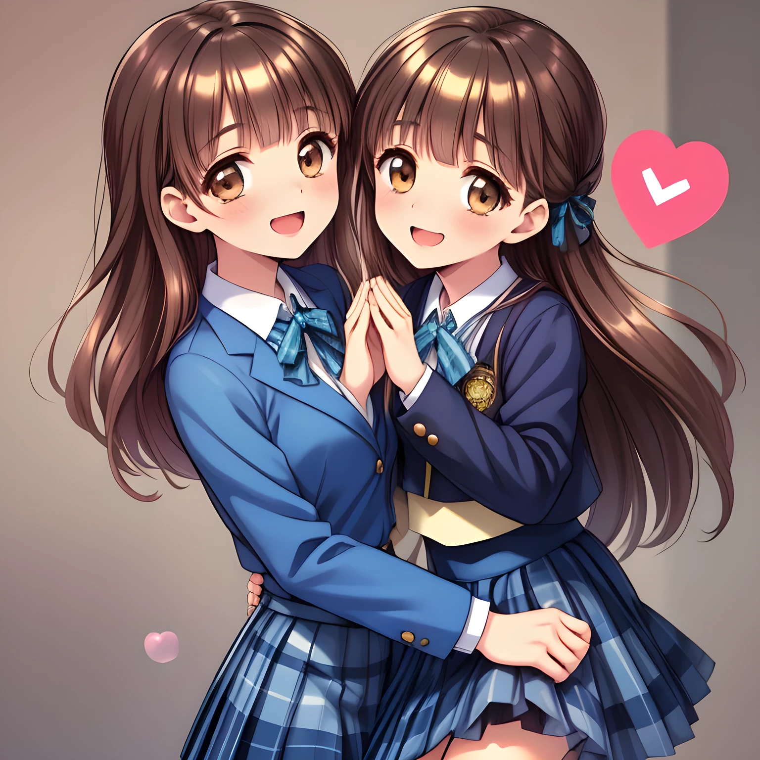 (highest quality, masterpiece:1.2), highest quality, High resolution, 1080p, 8K, Height: 165cm, (Zinomy Twins, lovely high-quality colorful cover of girl's comic by most popular manga artist, amazingly neat & clean, in peace and neat lovely strong charm: 1.8), (Too cute girl twins like a royal game heroine), (laugh in bliss), (Whispering the viewer's subliminal desire secretly to hypnotize the viewer), A very lovely, very noble, pretty and pure beautiful girls. ((Bursting out Laughing very elegantly)), Using expensive whitening cosmetics by cosmetics artist: 1.2), A face that everyone loves, Glossy lips, Even bangs, (Too beautiful blue fascinating shiny (brown eyes) with love to the viewer, with detailed clearly (like girlish comics beautiful lovely heroine): 1.5), ((Black long Hair)), ((long amazingly beautiful straight wavy long hair: 1.5)), (Neat uniform, (((Dark blue winter long sleeve blazer with noble emblem)) over neat expensive (white silk blouse), (A long, neat, dark (navy blue) (tartan-checkered pleated blue skirt)), (too girly shiny yellow school ribbon): 1.5), (Extremely lustrous, shiny game heroine lips, laughing open mouth: 0.8), (Ribbon in (black hair), The ribbon is big and very pretty, Beautiful black hair like a hair model), (Tight waist, slender like a beautiful fashion model, all the girls admire their style: 1.5), (The background is a pink & orange colored space to emphasize girl's cuteness: 1.2), (The twins are talking about the viewer's super fetishism for school uniforms, and satisfies it completely with her hands and skirts and (laughter giving extreme pleasure) deeply (in the viewer's clear lewd dream): 1.6), (beautiful neat pretty clear atmosphere which every girls admire and everyone can't stop being lustful: 1.5), (Take a shot from the side of them: 1.5)