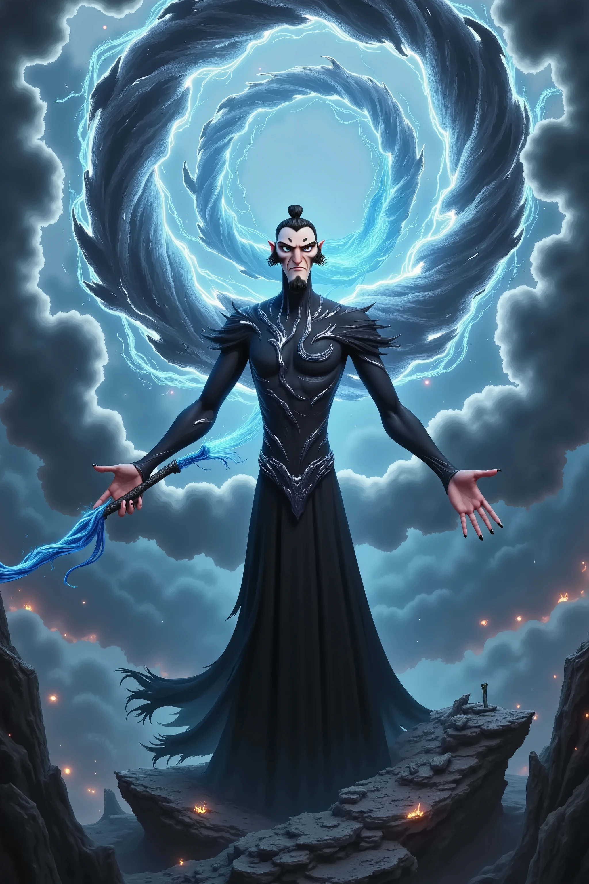 cloud彩中愤怒的男人,Beard on his face , blue eyes , black nails ,bust,Holding a blue whip,lightning,cloud,Blue light