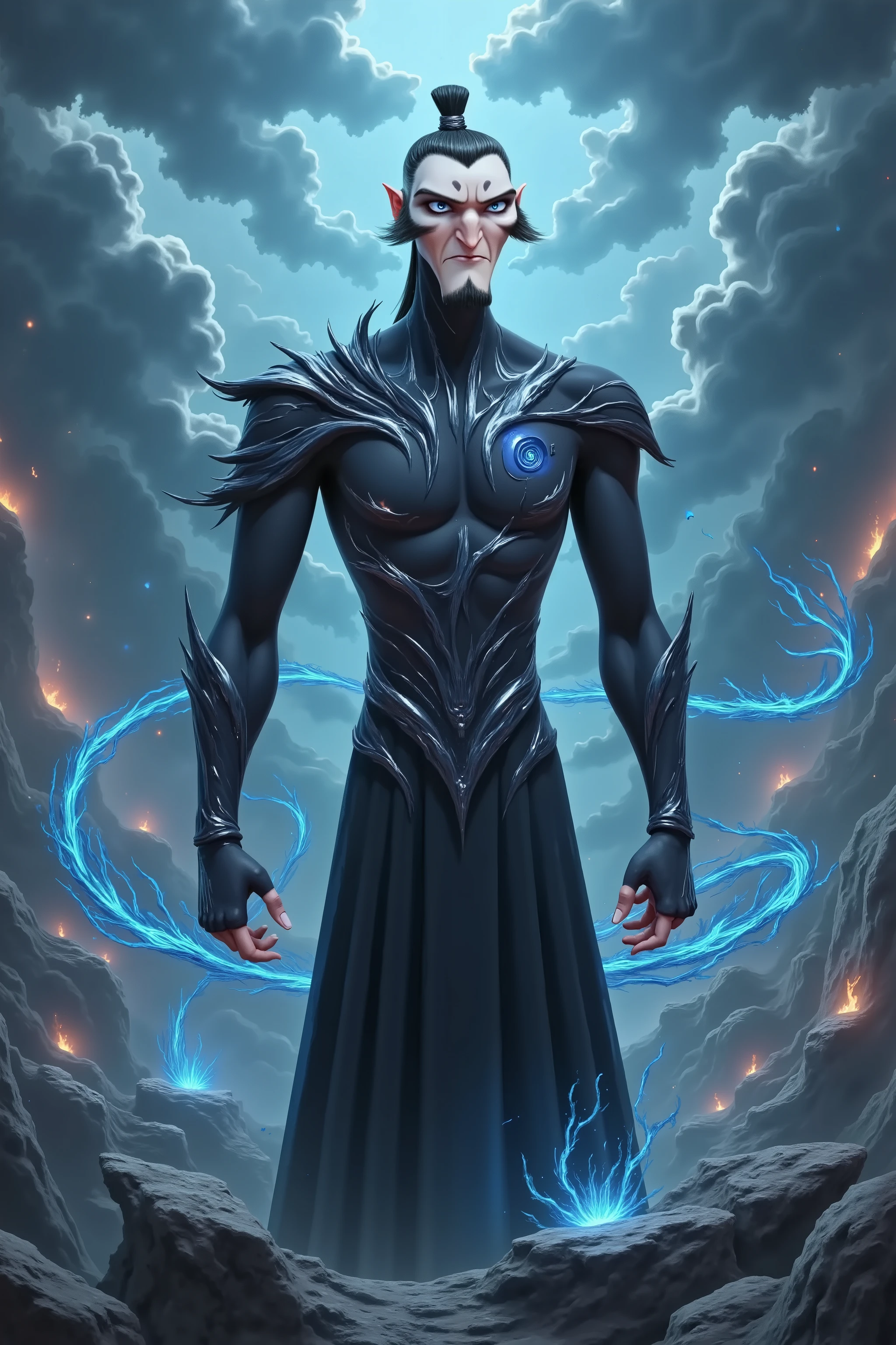cloud彩中愤怒的男人,Beard on his face , blue eyes , black nails ,bust,Holding a blue whip,lightning,cloud,Blue light
