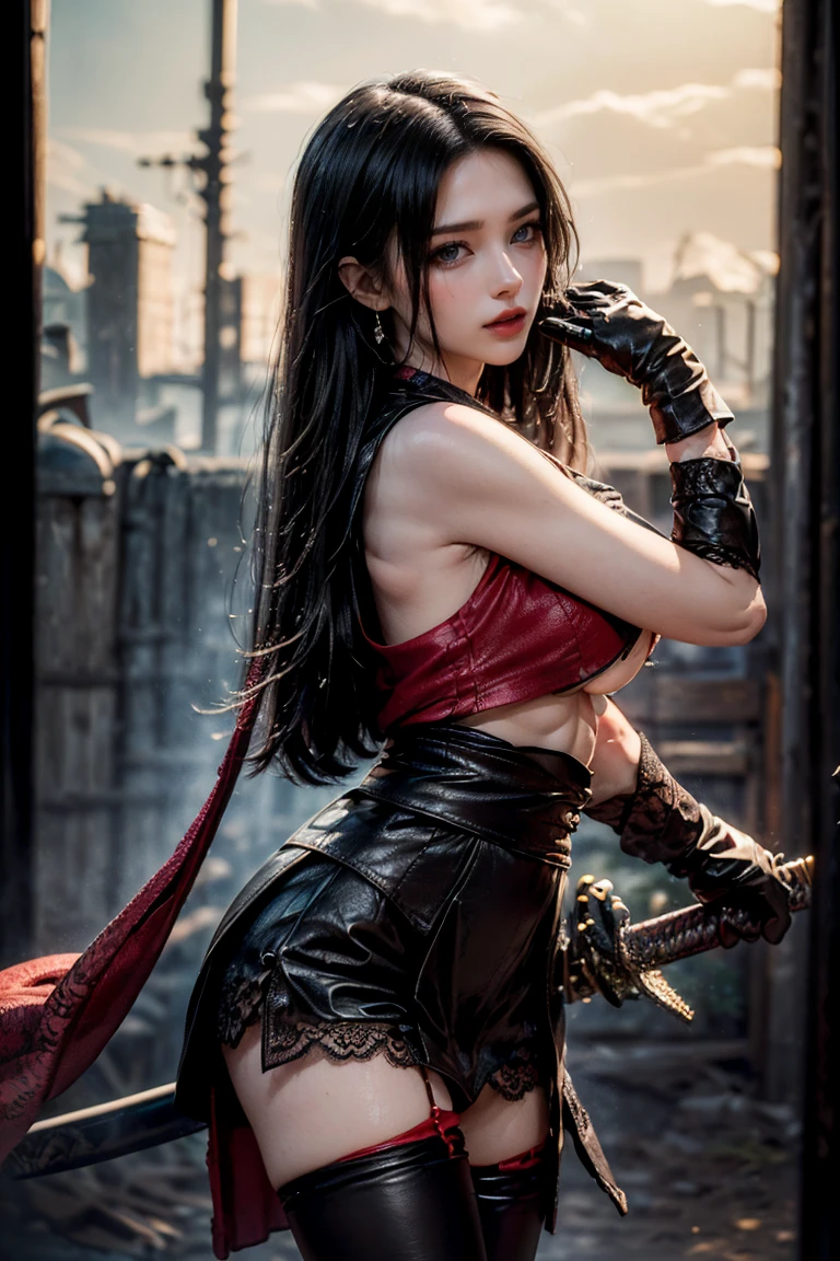best quality}, {{masterpiece}}, {highres}, Perfect waist cut, Large breasts, Warrior girl with a small short sword on hand, Skimpy organza transparent clothes, organza elements on clothes, net clothes, leather glossy elements on clothes, dark blue hair with red highlights, (perfect nose), Seductive gaze, dark blue knee high boots on high heels with red highlights, (Best Illustration), 8k Resolution, Intricate Details, Best Quality, Realistic, Ultra Detailed, Best Lighting, Best Shadows, Ultra HD, A Necromancer style, Night, Magic, Dark Style, Vampire, (shining red eyes:1.6), masterpiece, high_res, Beautiful face, tyndall effect, photo realistic, (high detailed skin:1.2), 8k uhd, dslr, high quality, Photograph, high resolution, 4k, 8k, Bokeh, absurdres, ponytail contorted, best ratio four finger and one thumb, front view, dark blue hair gorgeous, perfect proportional skinny fitness body, full body view, wet skin, wet clothes, dark cathedral baground scenery, huge bobs, belly muscle, long fit perfect legs, fishnet dark red Stockings, realistic reflection in the water