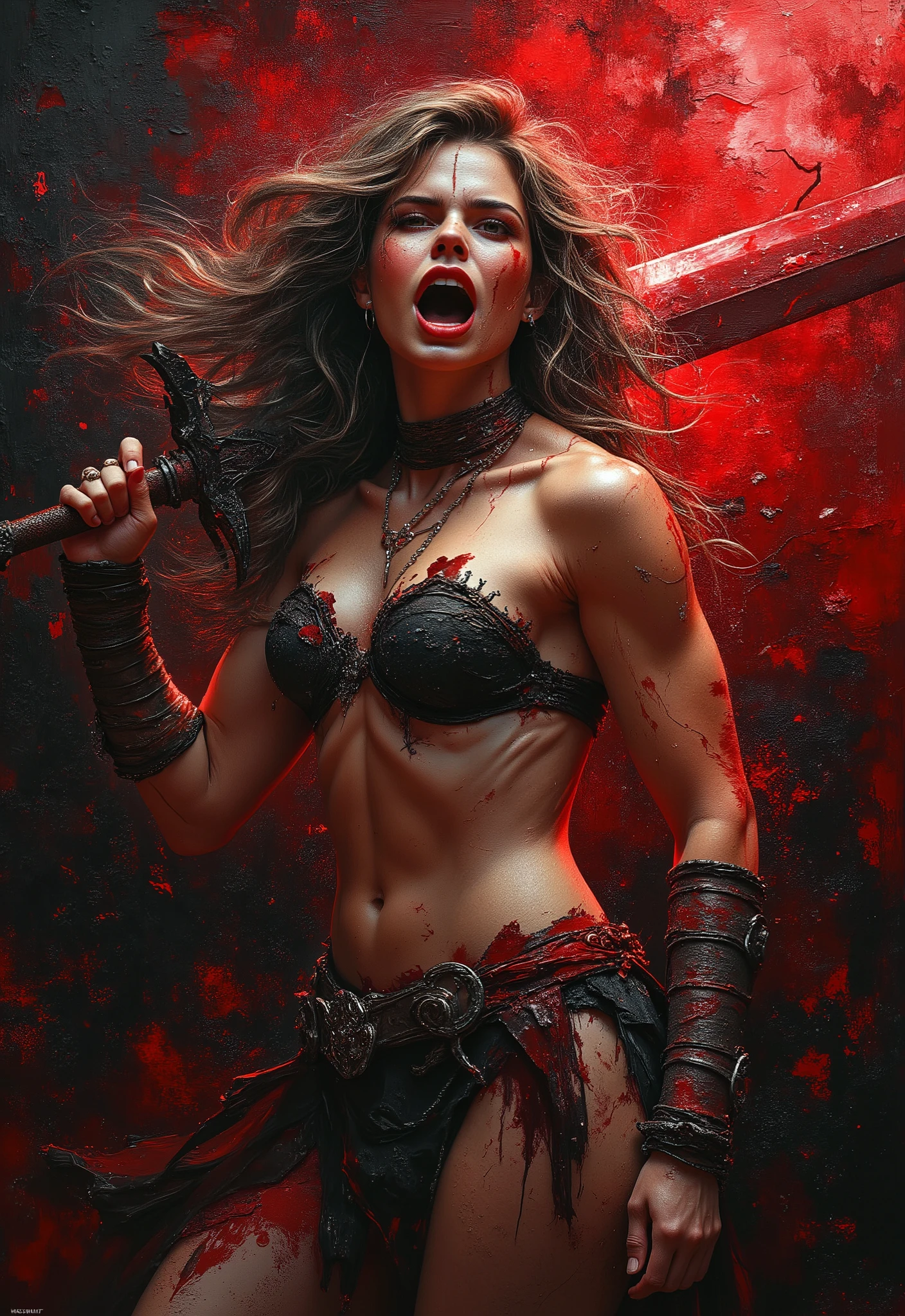 (RAW photo, best quality),(realistic, photo-realistic:1.3),extremely delicate and beautiful,Amazing,finely detail,masterpiece,ultra-detailed,highres,(best illustration),(best shadow),intricate,fantasy,ink strokes,explosions,over exposure,((watercolor painting by Luis Royo and John Berkey and Jeremy Mann )) brush strokes,negative space,red paint splatted,violent,intense energy,(fogy:1.4),sharp focus,volumetric fog,8k UHD,high quality,(film grain:1.4),Fujifilm XT3,black and red tone impression on background,motion blur
BREAK
woman,armored,sword,long hair,black hair,holding weapon, sneath, blood,holding sword,arm guards,blood on weapon, hair <lora:Luis Royo and Woman v.2:1>