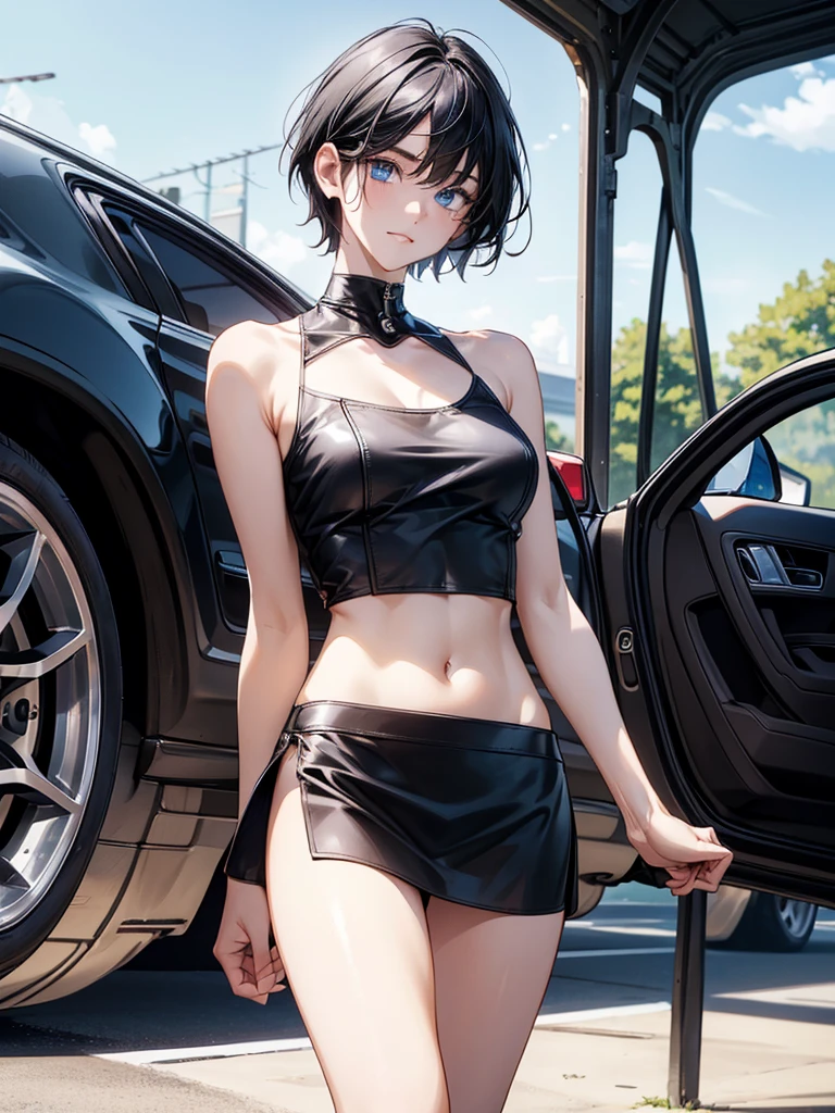 ((((absurdres, RAW photo, extremely delicate and beautiful, masterpiece, Best Quality, ultra high resolution, 32k, hyperrealistic, realistic, photorealistic, photo-realistic, ultra-detailed)))), in her 20s, very Slim body, narrow waist, very small head, very small face, delicate facial features, beautiful face, beautiful eyes, big round tits, medium hair, black hair, tearful mole, earring, ((full body shot)), bikini, cargo pants,