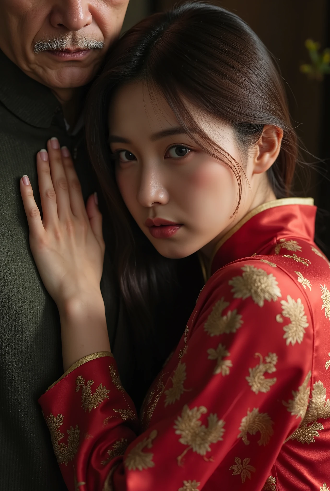sexy beautiful Korean girl small breasts, flat chest, beautiful girl, naked, girl wearing traditional red silky thin off the-shoulder's cheongsam adorned with intricate golden patterns, leaning on 80 year old man chest, she looks at the camera with a frightened look.