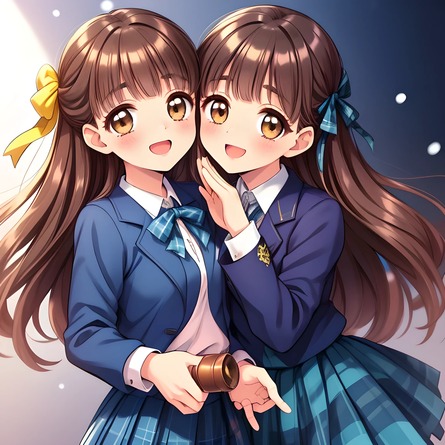 (highest quality, masterpiece:1.2), highest quality, High resolution, 1080p, 8K, Height: 165cm, (Zinomy Twins, lovely high-quality colorful cover of girl's comic by most popular manga artist, amazingly neat & clean, in peace and neat lovely strong charm: 1.8), (Too cute girl twins like a royal game heroine), (laugh in bliss), (Whispering the viewer's subliminal desire secretly to hypnotize the viewer), A very lovely, very noble, pretty and pure beautiful girls. ((Bursting out Laughing very elegantly)), Using expensive whitening cosmetics by cosmetics artist: 1.2), A face that everyone loves, Glossy lips, Even bangs, (Too beautiful blue fascinating shiny (brown eyes) with love to the viewer, with detailed clearly (like girlish comics beautiful lovely heroine): 1.5), ((Black long Hair)), ((long amazingly beautiful straight wavy long hair: 1.5)), (Neat uniform, (((Dark blue winter long sleeve blazer with noble emblem)) over neat expensive (white silk blouse), (A long, neat, dark (navy blue) (tartan-checkered pleated blue skirt)), (too girly shiny yellow school ribbon): 1.5), (Extremely lustrous, shiny game heroine lips, laughing open mouth: 0.8), (Ribbon in (black hair), The ribbon is big and very pretty, Beautiful black hair like a hair model), (Tight waist, slender like a beautiful fashion model, all the girls admire their style: 1.5), (The background is a pink & orange colored space to emphasize girl's cuteness: 1.2), (The twins are talking about the viewer's super fetishism for school uniforms, and satisfies it completely with her hands and skirts and (laughter giving extreme pleasure) deeply (in the viewer's clear lewd dream): 1.6), (beautiful neat pretty clear atmosphere which every high-school students admire and everyone can't stop being lustful: 1.5), (Take a shot from the side of them: 1.5)