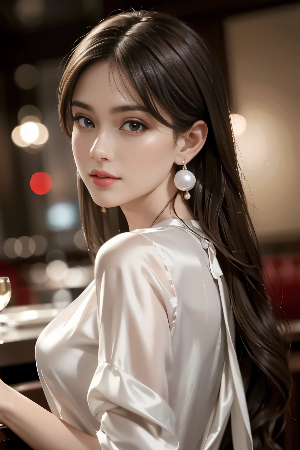 masterpiece, Best Quality, Realistic, Very detailed, Subtle details, High resolution, 8K wallpaper, Beautiful woman, Wear a pearl white silk shirt, In a great restaurant, At night, Light brown messy hair, Perfect dynamic composition, Beautiful beautiful eyes、Big earrings、