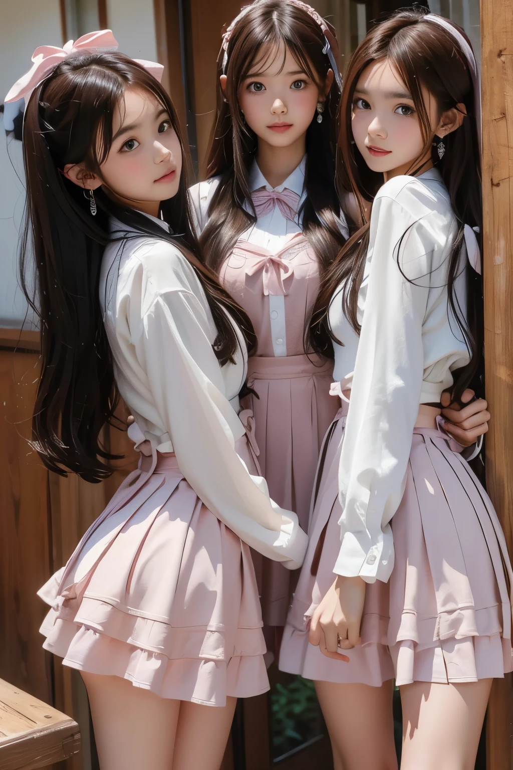 Masterpiece, Best quality, Realistic, Real, incredibly_absurderes, the wallpaper, 3girl, cheer leader, Long hair, Brown hair, Pink hair, Wavy hair, Small breasts, seifuku, school uniform, Shorts under the skirt, white thighhighs, Earrings, pendant, half gloves ,