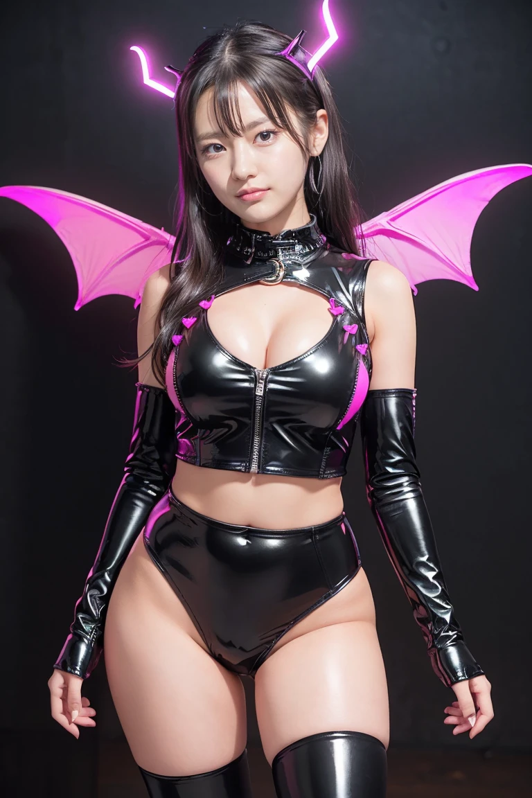 (front focus、perfect anatomy:1.5)、(super detailed、16k quality、real skin: 1.6)、hyper realist、photo realistic.cinematic lighting、(Portrait:1.2)highly detailed face、1 beautiful thai girl、 (14 year old beautiful half Thai/Japanese girl、smile:1.3)(Short Blonde Blonde、big slit eyes、eye shadow、eyeliner、green color contact lenses:1.5)flashy gal makeup(unbalanced chest:1.4)(黒くsunburnした肌、black skin:1.8)sunburn、eyeliner、red lips.
BREAK (black and shocking-pink theme:1.4), (sexy succubus cosplay costume with pubic tattoo:1.2), (sleeveless black latex high neck crop top with heart-shaped cut keyhole:1.4), ((bare shoulders, bare arms, bare thighs):1.3), (black latex low rise micro shorts:1.3), (shocking-pink grommet belt:1.3), (tight latex black long sleeve:1.3), ((fusion of black high platform coots and thigh high boots) with heel:1.2), (shocking-pink devil horns has bioluminescence glow LED-light on temporal region:1.3), (large bat wings for cosplay:1.4), (black wings:1), (shocking-pink (heart-shaped, heart-symbol) bioluminescence glow LED-light on stomach:1.4), (black bangles for prisoners:1.2),
BREAK、(A room made of sweets:1.2)
movie spotlight