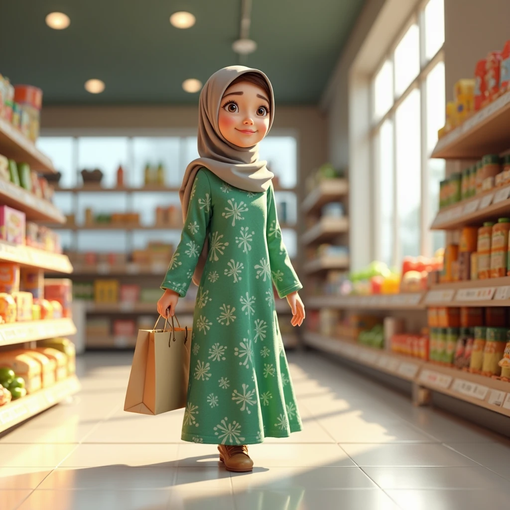 3DMM, ((Masterpiece, best quality, photography)), detailed skin, realistic, photo-realistic, 8k, highly detailed, full length frame, High detail RAW color art, diffused soft lighting, shallow depth of field, sharp focus, hyperrealism, cinematic lighting, hijab, a woman beautifully makeup, bold eyeshadow, beautiful big eyes, Brown eyes, long eye lashes, chubby, wearing ((brown satin hijab), loosely tide hijab style, ((gray satin shirt)), ((satin long dress)), shooping grocery, pulling a trolley 