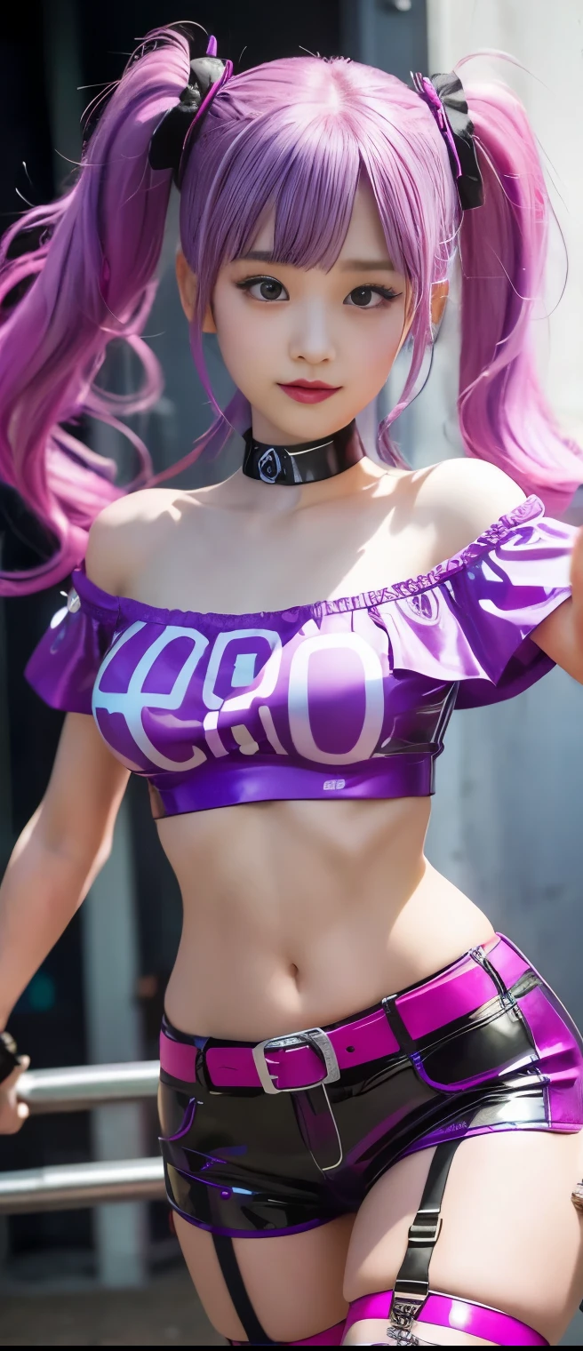  Flashy Poison Idol Girl （ Colorful Purple Hair ）、A pure girl's face、 hypo、、 Off Shoulder Shirts、 Fluorescent Pink Latex Shorts、Venom Belts 、、 Glowing Poison Slime 
