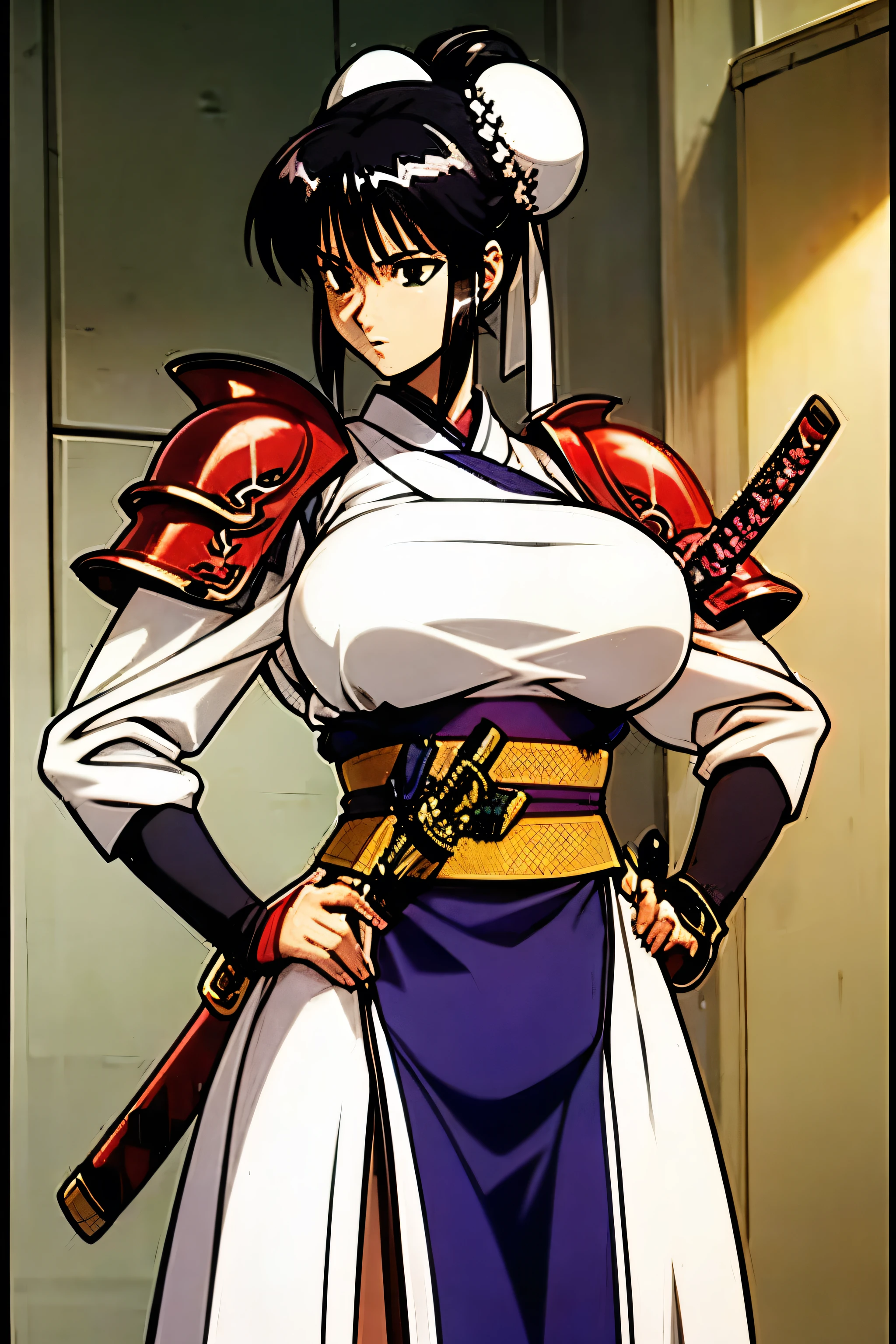 Female, big tits, samurai armor, Katana sheathed at hip, black hair in a bun