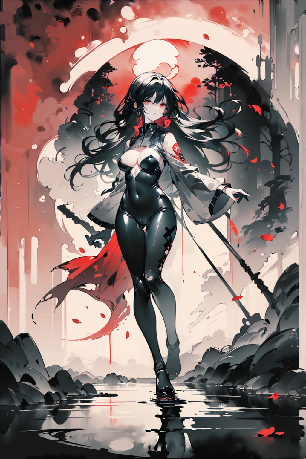 ((female swordsman mage)) ((beautiful woman alone)) ((black long hair)) ((armor dress with cleavage)) ((alone swordman)) ((big boobs)) ((lingerie with pantyhose and high heels)) ((red pupil eyes)) ((full body)) ((princess of roses)) ((thorns crown))