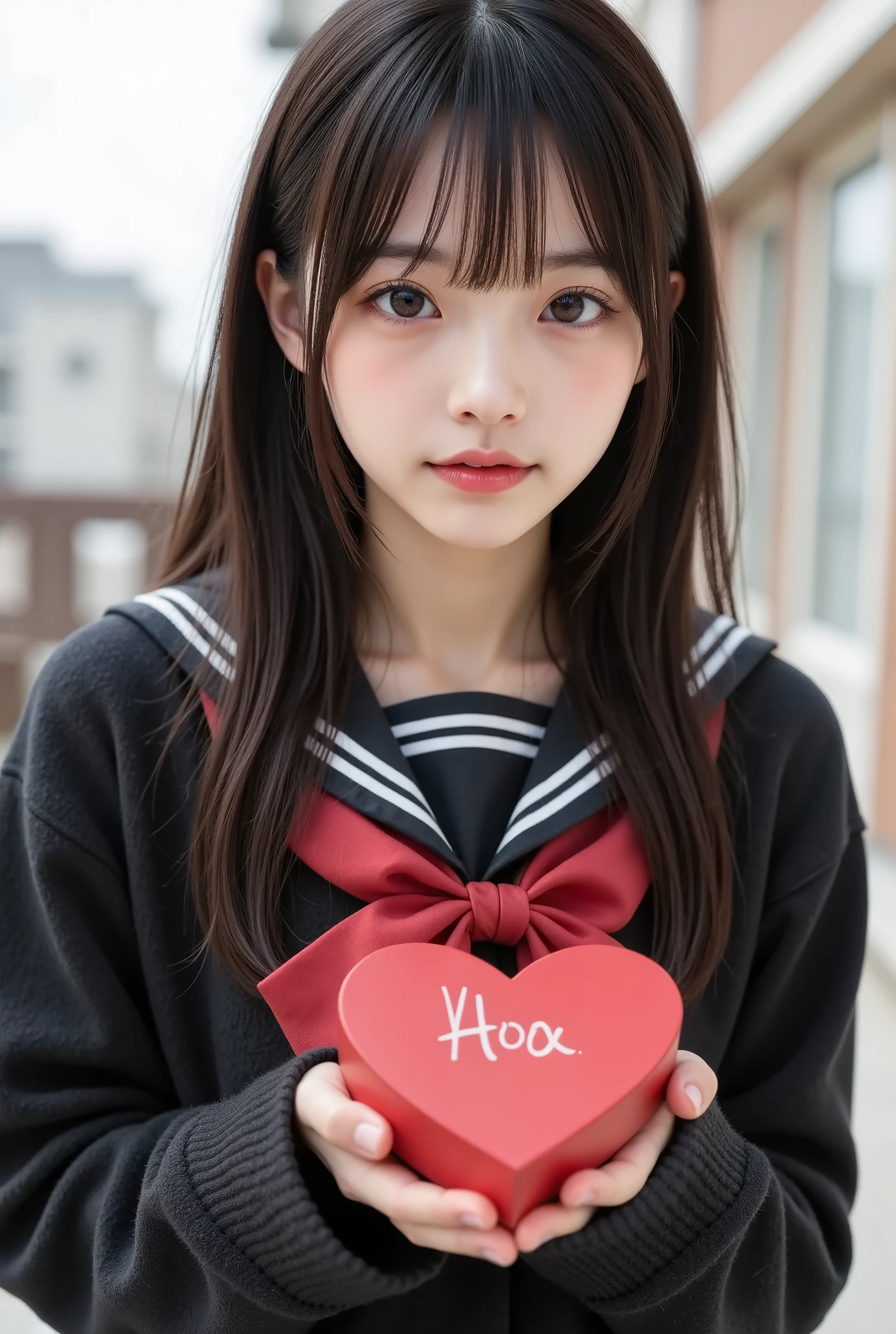 A Japanese university girl\(harf open eyes,wavy mouth,embarrassed,light head steam,sweatdrop,lovestruck,school sailor,put on black duffel coat \),arrow through heart,school sailor, arms outstretched,BREAK,1arms only human,from front,both hand\(Holding a heart-shaped gift box in both hands,offering the gift box to the her),cowboy shot, school backyard, (a sense of movement and energy as her apron flows with her motion), (vivid and detailed textures on her skin and clothing), moody atmospherecinematic composition, hyper-realistic lighting, dynamic perspective, 8k resolution, ultra-high-quality, masterpiece.