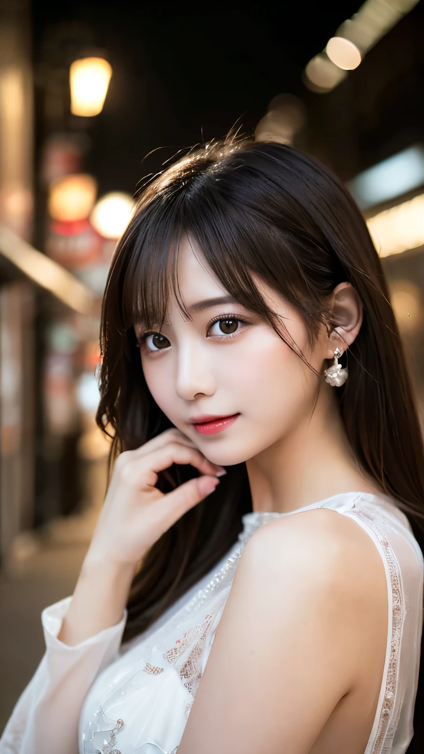 table top, highest quality, figure, Super detailed, finely, High resolution, 8k wallpaper, ダイナミックな構figure, detailed and beautiful eyes, Very gorgeous and elegant luxury dress winter clothes,medium hair,small breasts natural color lip, bold sexy pose,smile、20 year old girl、cute、sexy shot looking at camera,midnight,beautiful and detailed face,Elegant face,perfect and beautiful face,Slim your face and body,blur the background,luxurious venue、、blurred background