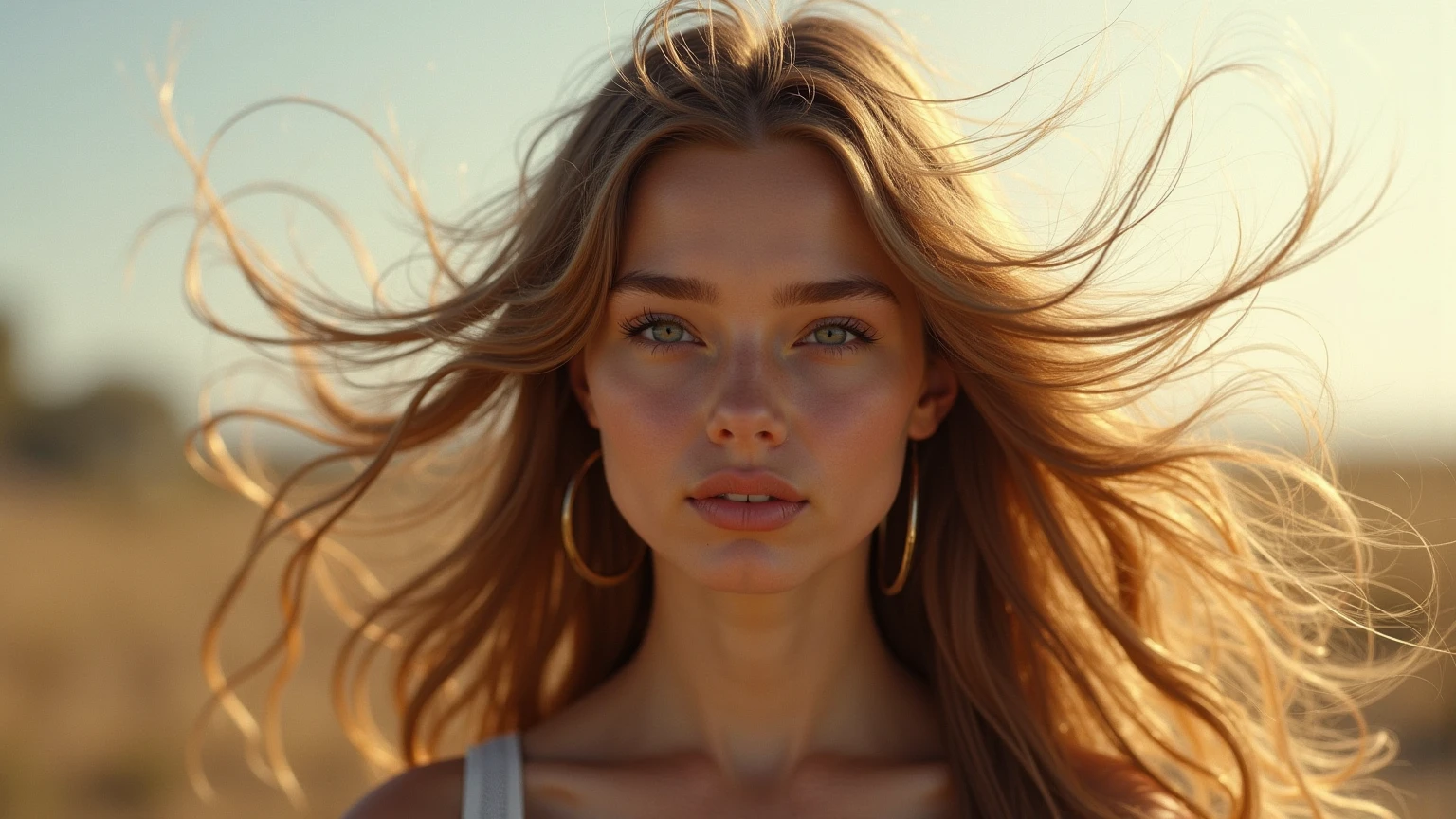 Photorealistic, CinemaScope, FilmSteel, naked 32 years old woman, feminin, messy hair, fine sky, Dramatic, bumps on the skin
