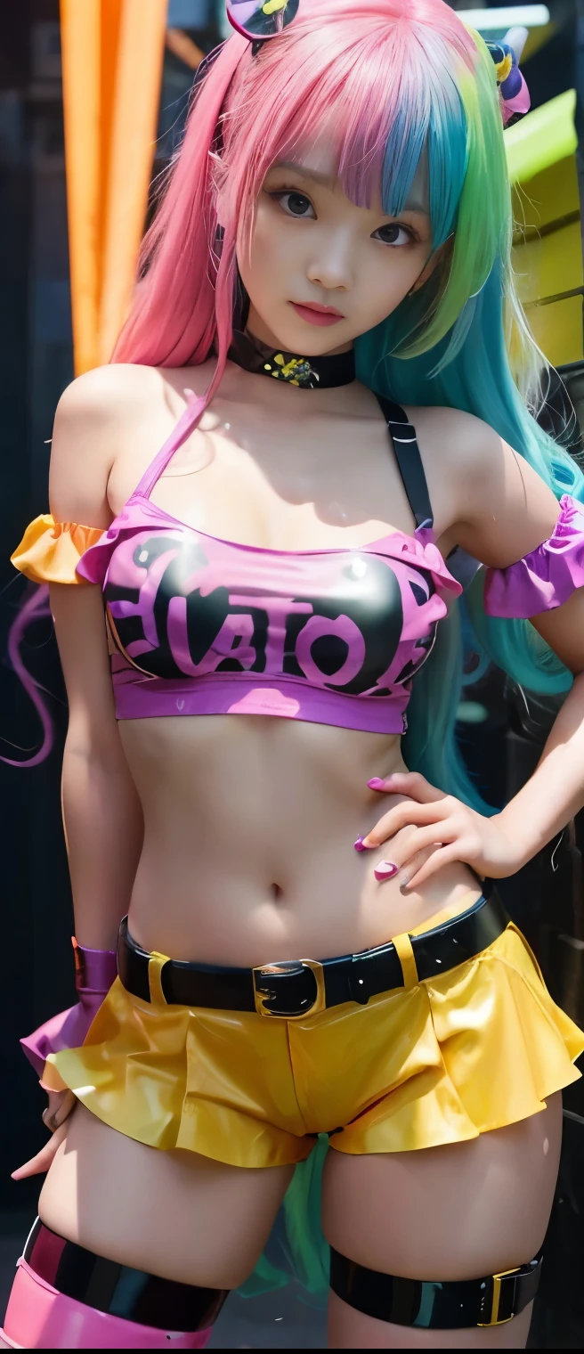 Flashy Poison Idol Girl (Colorful Hair)、A pure girl's face、 hypo、、 fluorescent orange off shoulder shirt、 Fluorescent Pink Latex Shorts、Venom Belts 、、 Glowing Poison Slime 、Chemical Lab