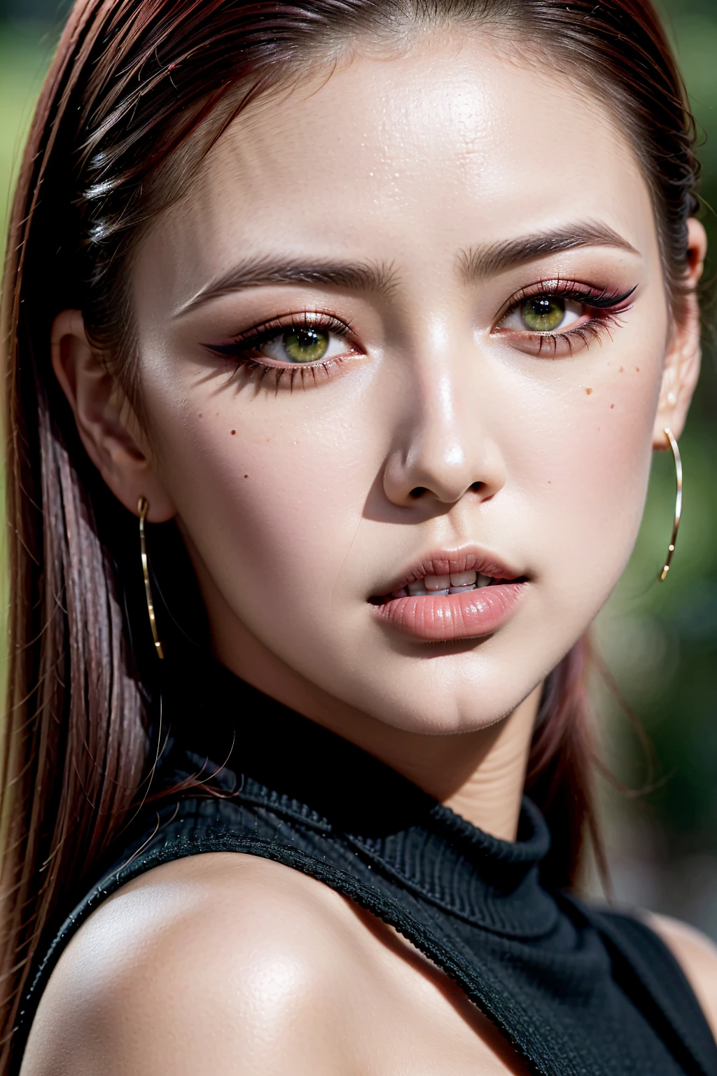Divide Ratio : 1,1,1 Base Ratio: ((super detail portrait:1.2)), (1girl:1.35, 20-year-old), Realism, highest resolution, (depth of field), (the most absurd quality),(highest quality realistic texture skin),(highest quality realistic texture hair),BREAK,((red hair, (slicked to one side), ultra detailed:1.3)), ((perfect proportions)),((anatomically correct)), ((firm and full breasts:1.25)),(the most absurd quality perfect eyes), (super detail beautiful face), ((light pale complexion)), ((ultra detailed clear, perfect round realistic green green_eyes:1.35)), BREAK, finely detailed pupils, detailed lips:1.3, pink_makeup:1.3, ((long_blue_eyeliner:1.3)), red_lipstick:1.3, (perfect dark_eyeshadows:1.35), BREAK, (Detailed nose:1.3), (Upper body shot), BREAK, ((wearing a tight black knitted dress:1.35)),((small round head:1.3)), ((close up of her face:1.1)), exquisite balance of shadows,perfect composition, ((look at the viewer)), Hasselblad, 85mm f/4.0