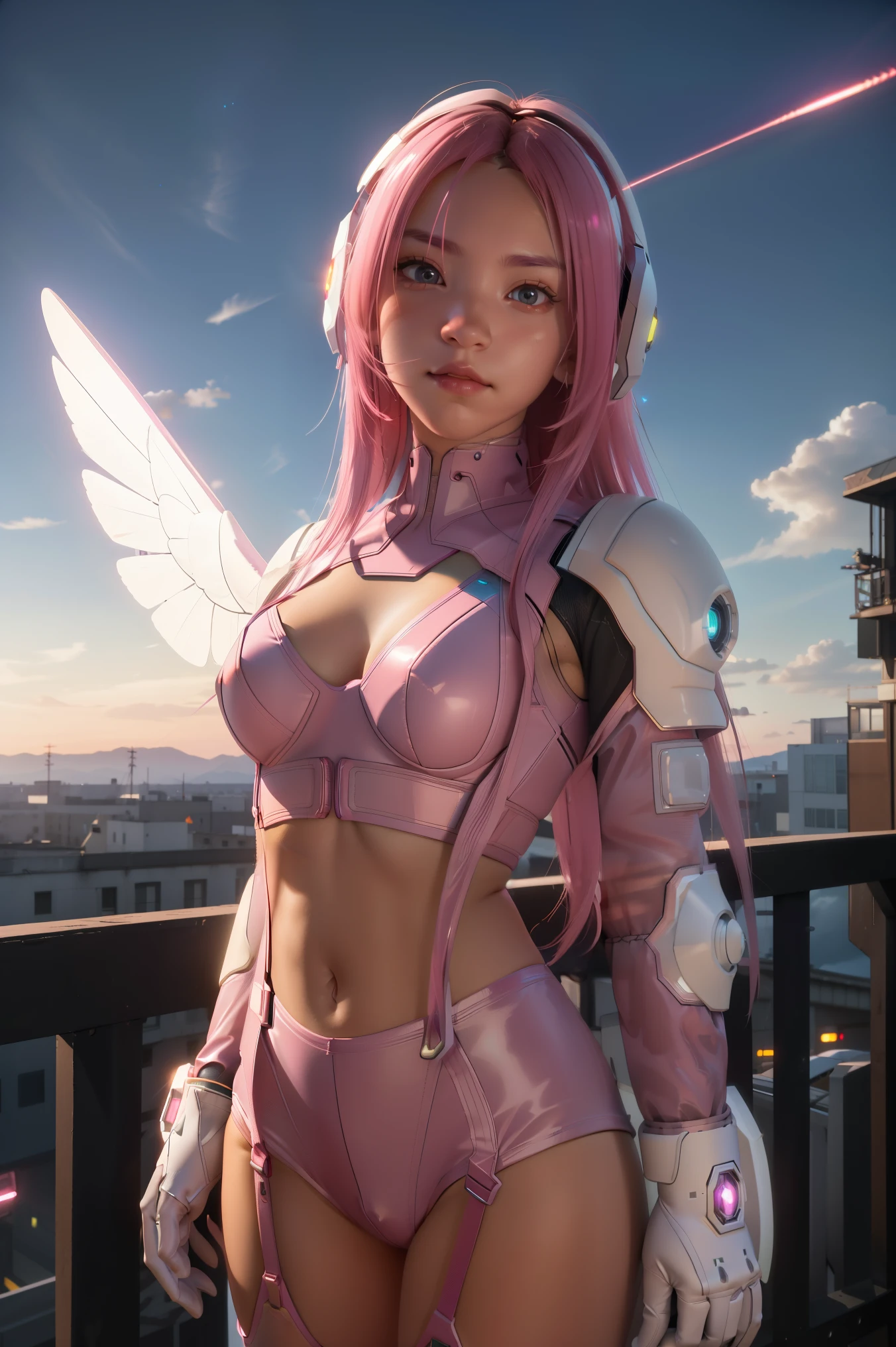 ((masterpiece, best quality, extremely detailed), volumetric lighting, ambient occlusion, colorful, glowing), 1girl, solo, young girl, (pink hair), long hair, halo, aura, sacred, godness, cyber suit, (white outfit:1.3), android, bot, angel wings, outdoors, sunset, sky, clouds, space, (cyberpunk theme:1.2),